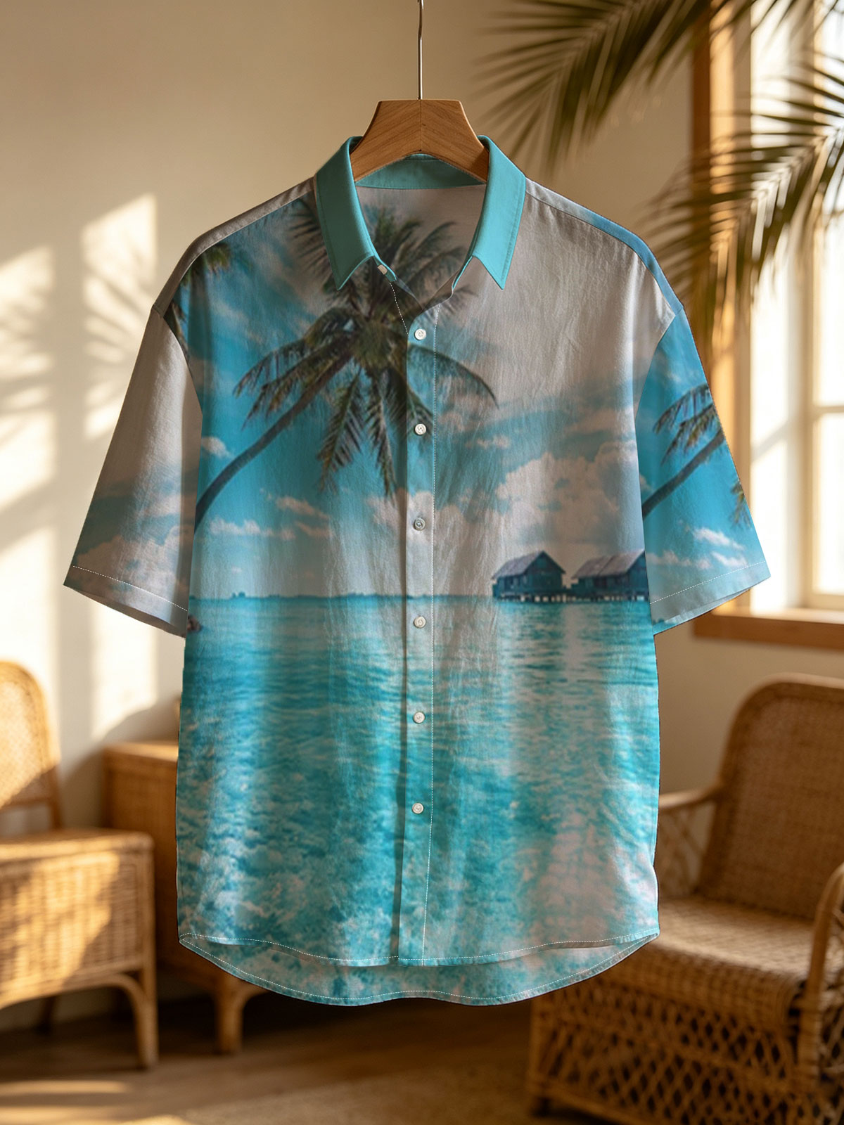 Tropical paradise with palm trees and overwater bungalows in crystal clear blue waters. -  Shirt