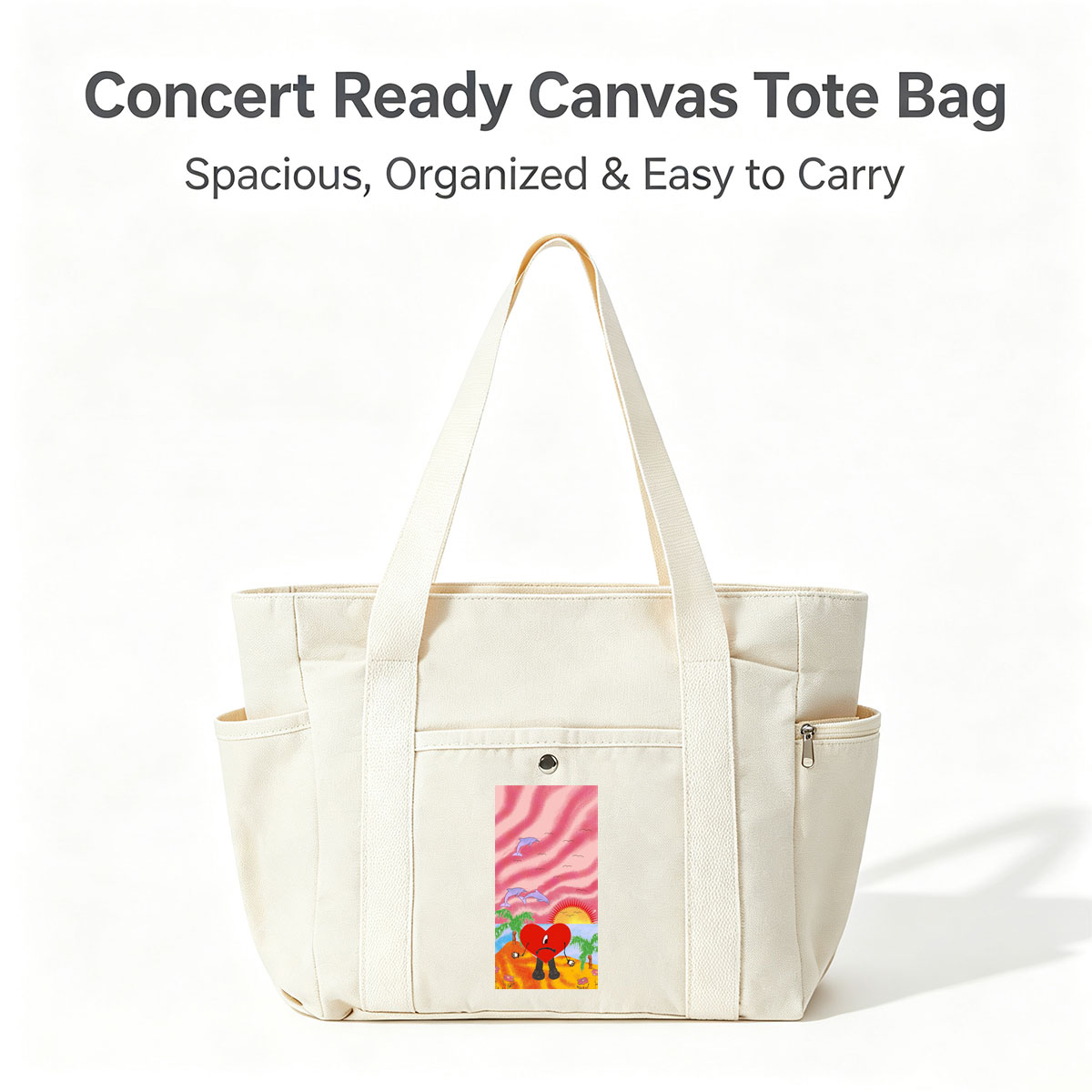 Heart Character on Tropical Beach with Dolphins and Sunset - Multi-pocket bags