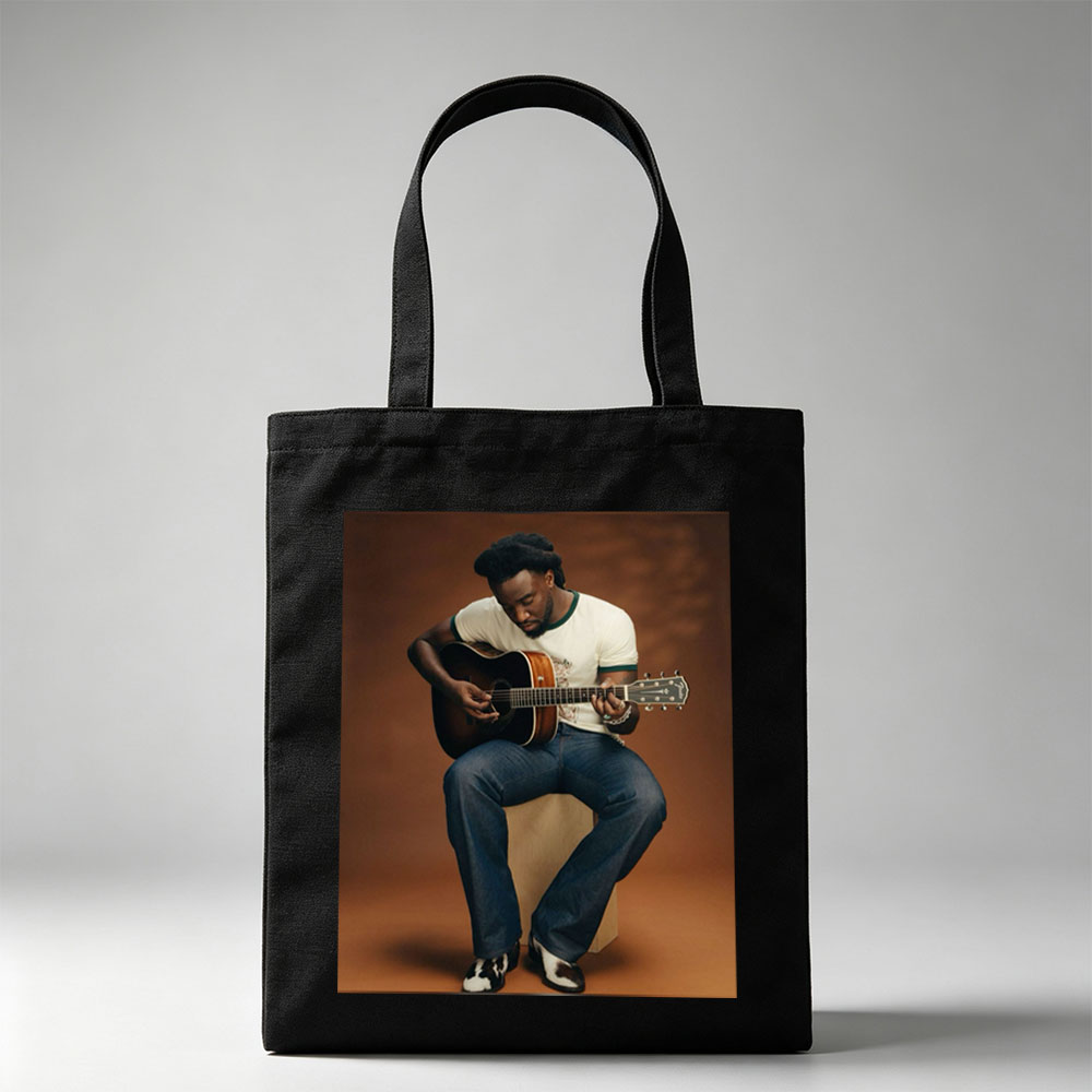 Khalid Playing Acoustic Guitar in Studio Portrait - Canvas tote bags