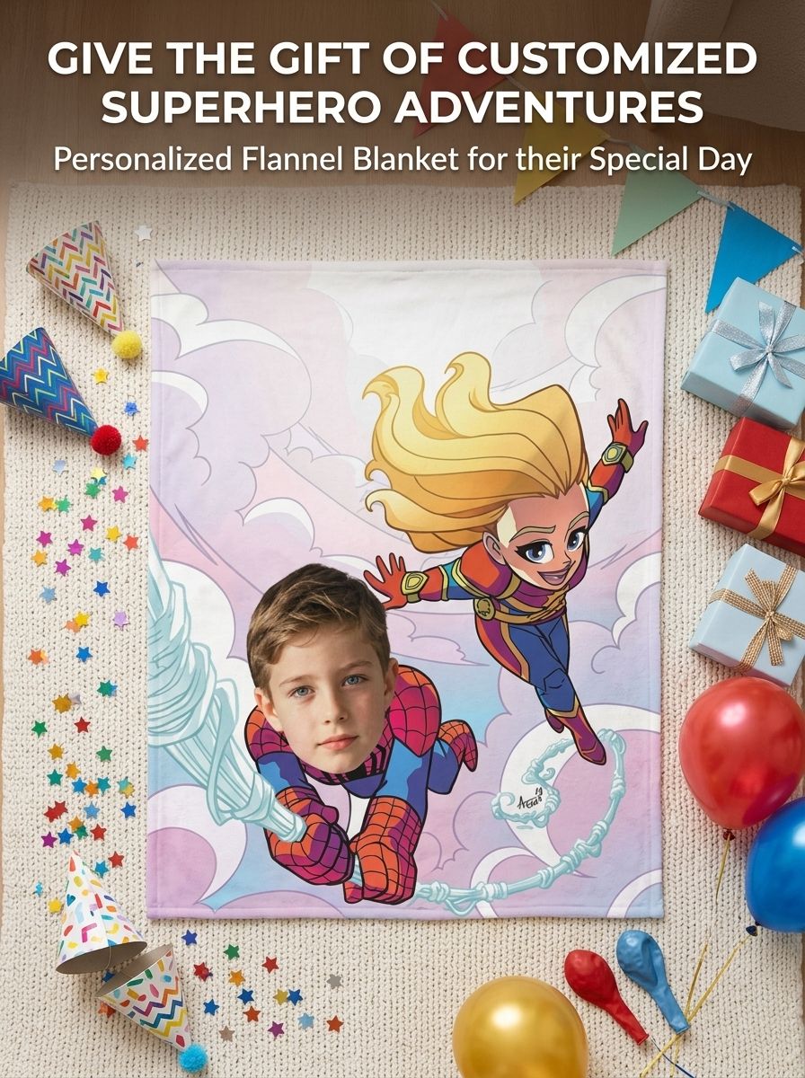 Custom Face Superhero Flannel Blanket, Personalized Photo Soft Plush Fleece Throw for Kids Boys Girls Birthday Gift