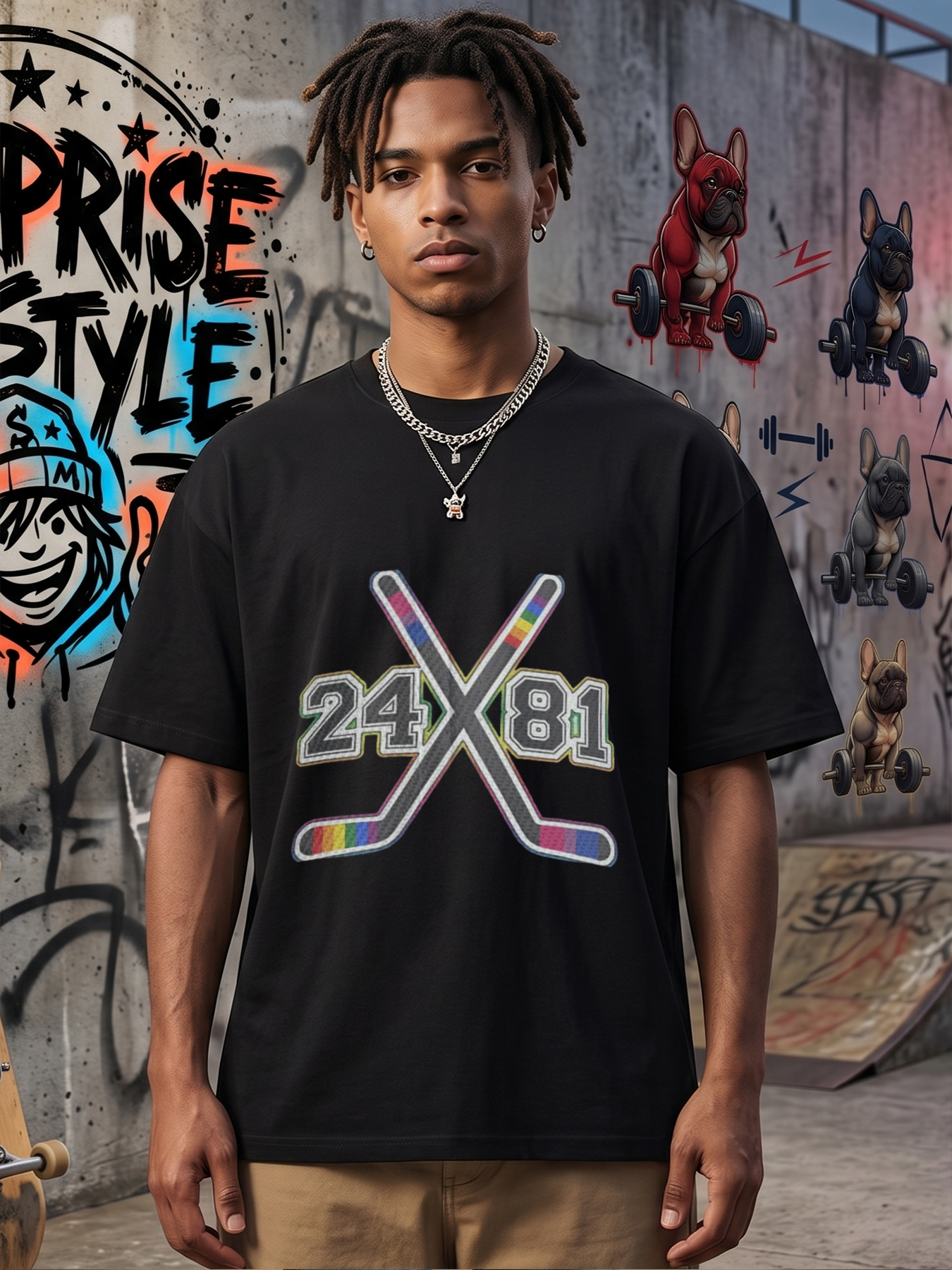 Men's Printed T-Shirt with Crossed Hockey Sticks and 