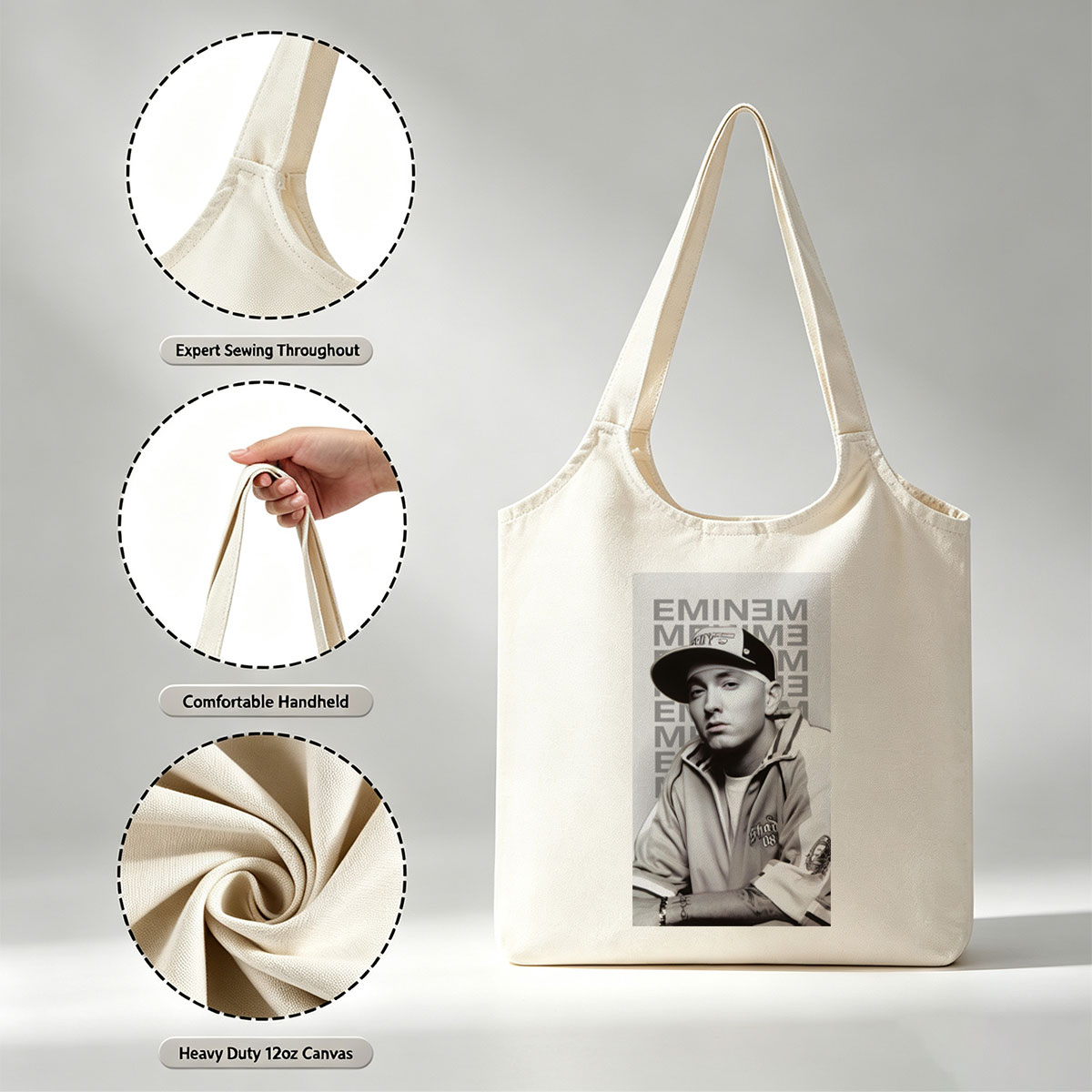 Eminem in a Casual Pose Wearing a Cap and Track Jacket with Tattooed Arms - Canvas shoulder bags/