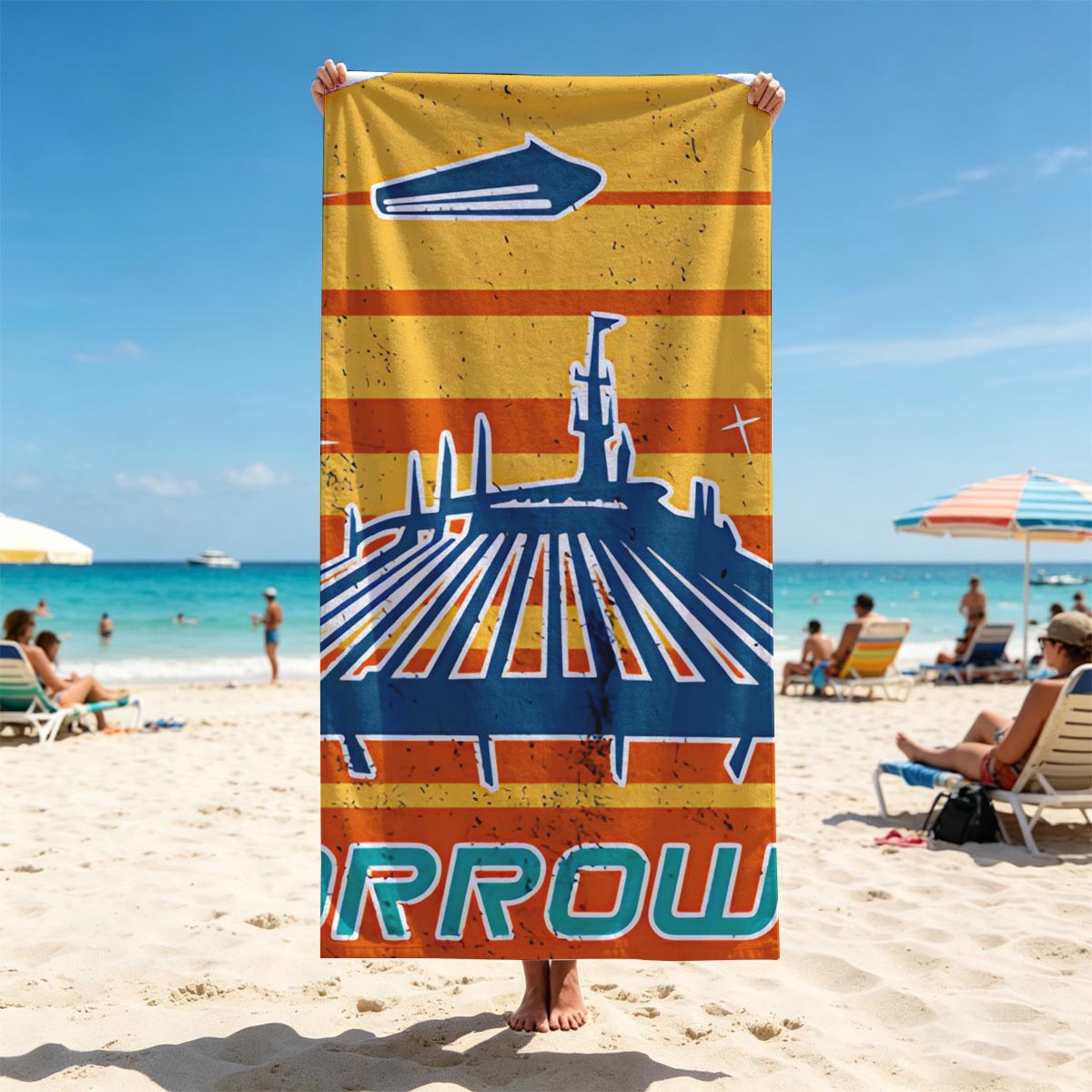 Tomorrowland: Iconic Space Mountain Silhouette with Retro Solar Background - Beach towels