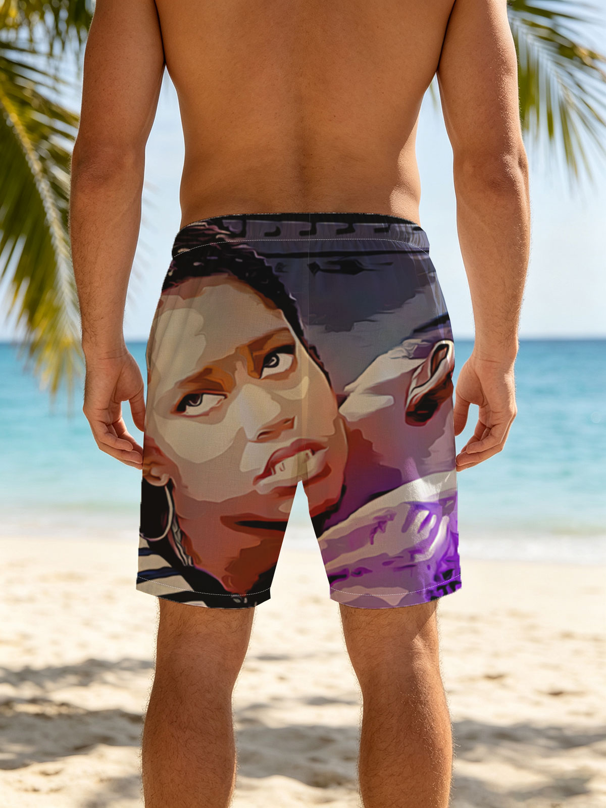 Woman with Braids and Hoop Earrings in Striped Shirt, Man in Purple Shirt with Tattooed Back -  Beach shorts