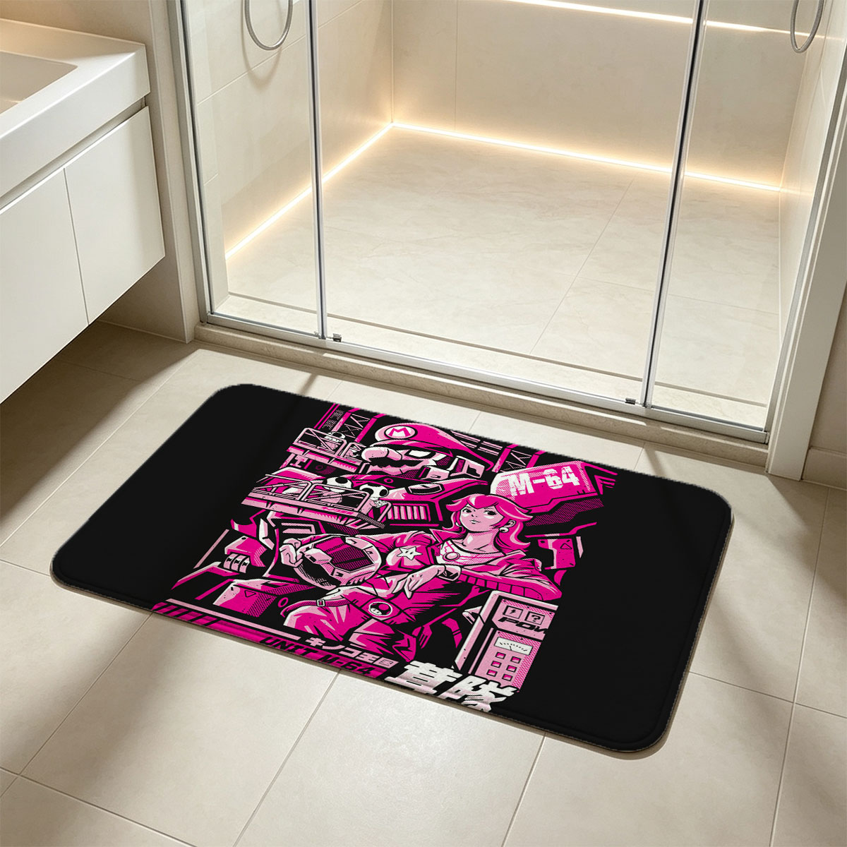 Mario and Princess Peach in Cyberpunk Mecha Gear, Unit M-64 - Flannel floor mat