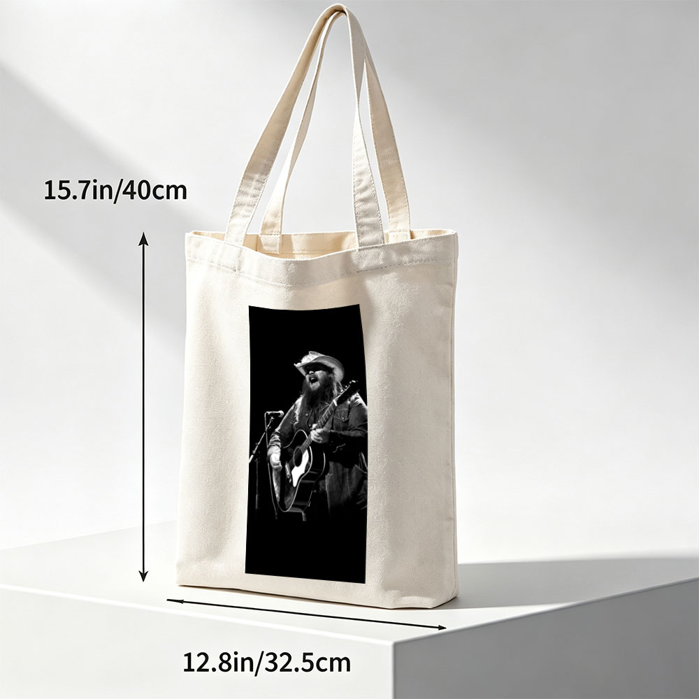 Chris Stapleton Performing on Stage with Acoustic Guitar in Black and White - Canvas tote bags