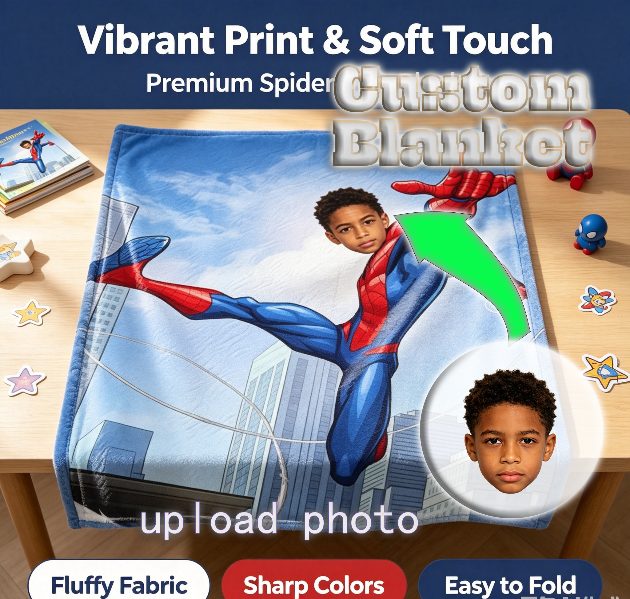 Custom Spider-Man Photo Blanket, Personalized Superhero Fleece Throw for Kids, Custom Face Blanket Unique Birthday Gift for Boys and Spider-Man Fans