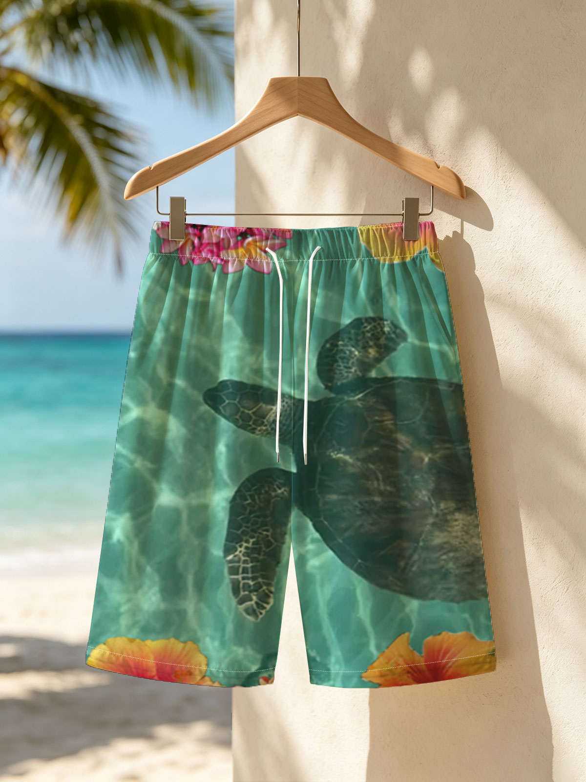 Sea Turtle Swimming Among Tropical Flowers in Clear Water -  Beach shorts