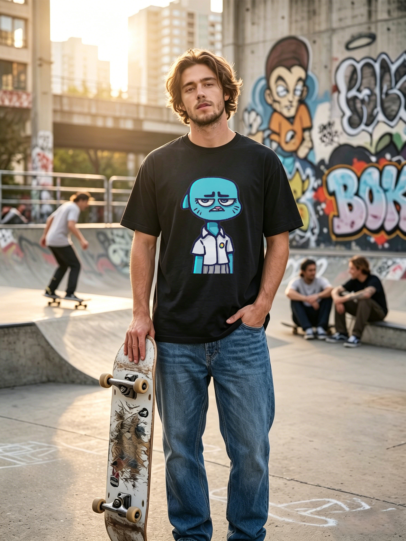 Men's Printed T-Shirt Featuring Blue Cartoon Character with Sad Expression and School Uniform Design, Casual Round Neck Lightweight Breathable Summer Short Sleeve Tee for Daily Wear, College Students, and Pop Culture Fans