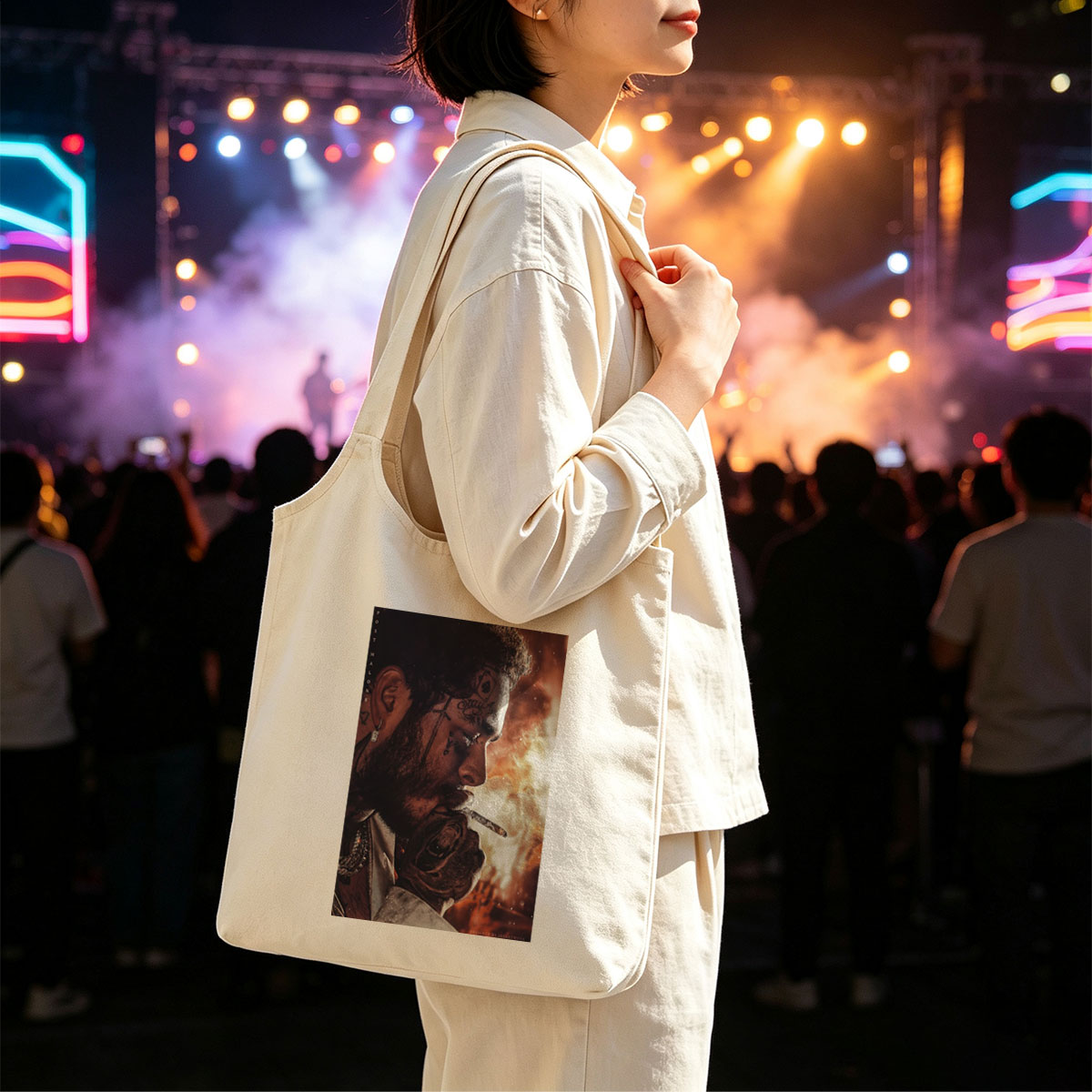 Post Malone Smoking Cigarette with Tattooed Face and Intense Background - Canvas shoulder bags/
