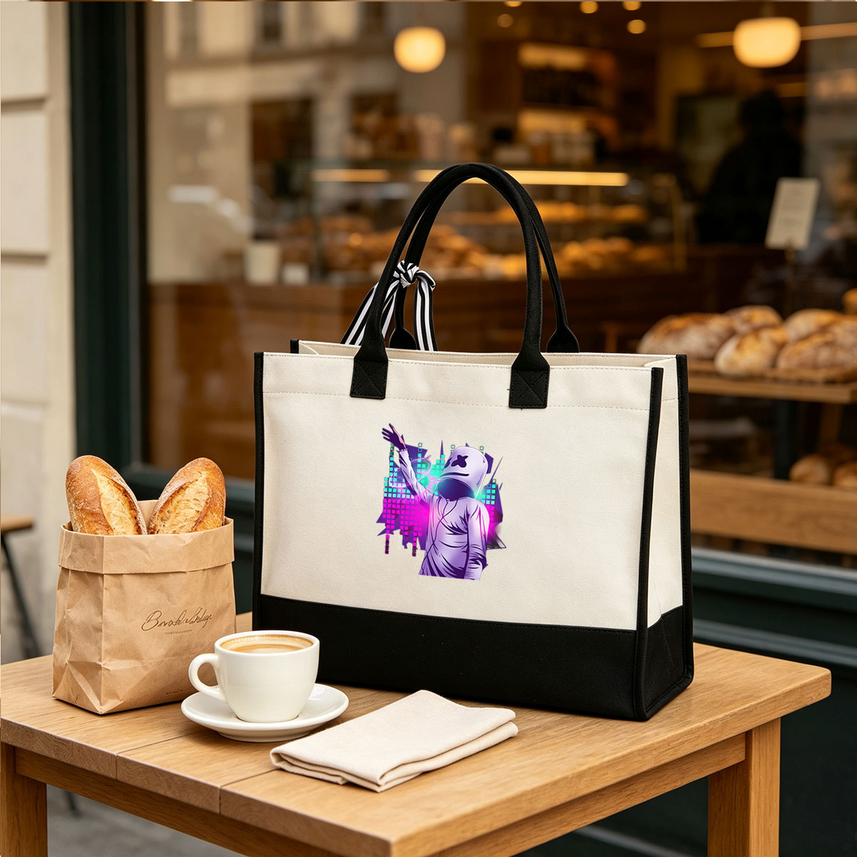 Marshmello DJing in a vibrant neon cityscape - Canvas patchwork gift tote bag