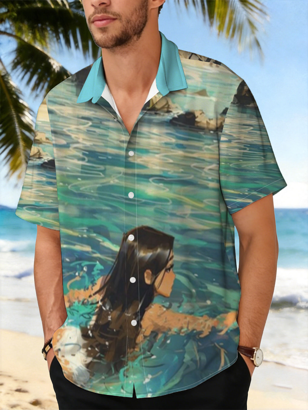 Woman swimming in clear blue water near rocky shore -  Shirt