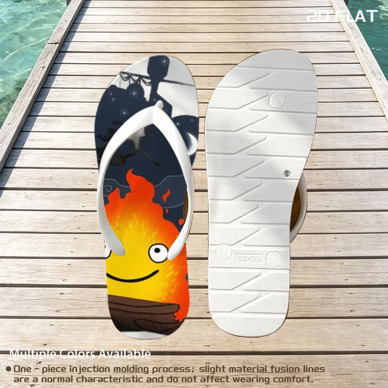 Cute Flame Character with Night Sky and Witch Silhouette Background -  flip-flops