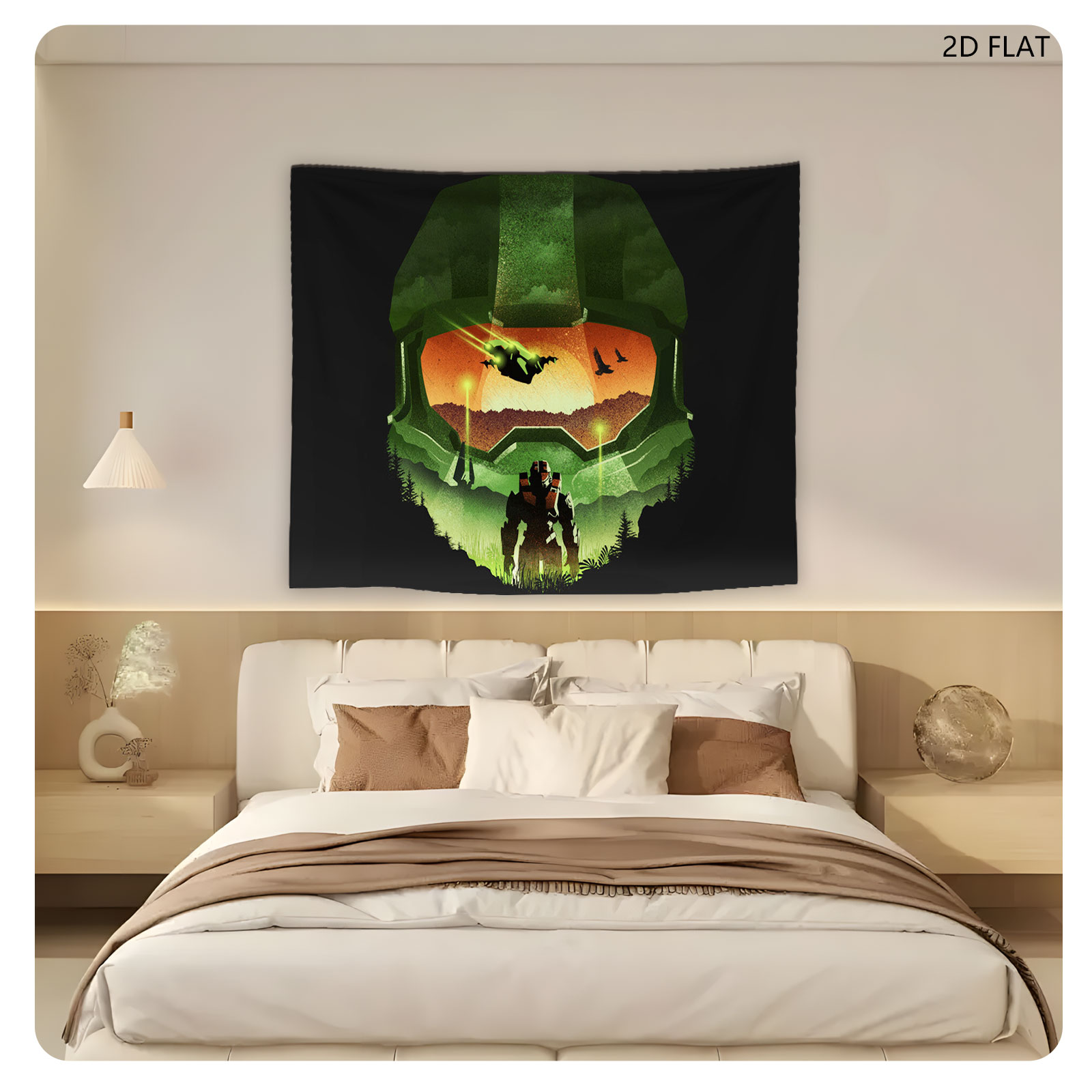 Master Chief Helmet View: Halo Soldier in Forest at Sunset - Tapestry