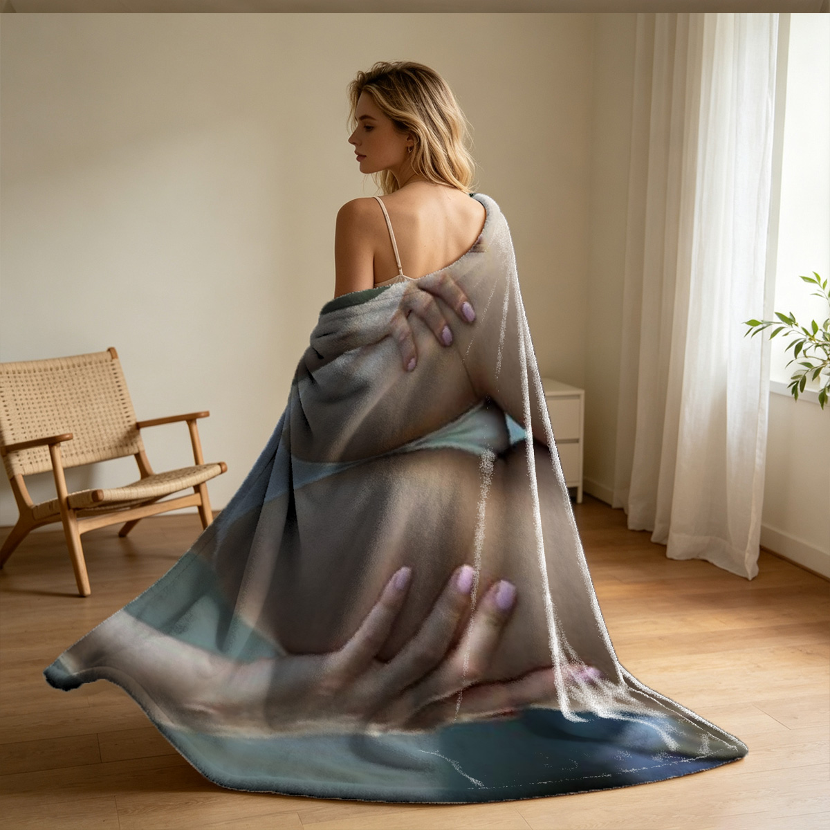 Emma Watson in a silver metallic mini dress on a balcony overlooking the ocean. - Blanket
