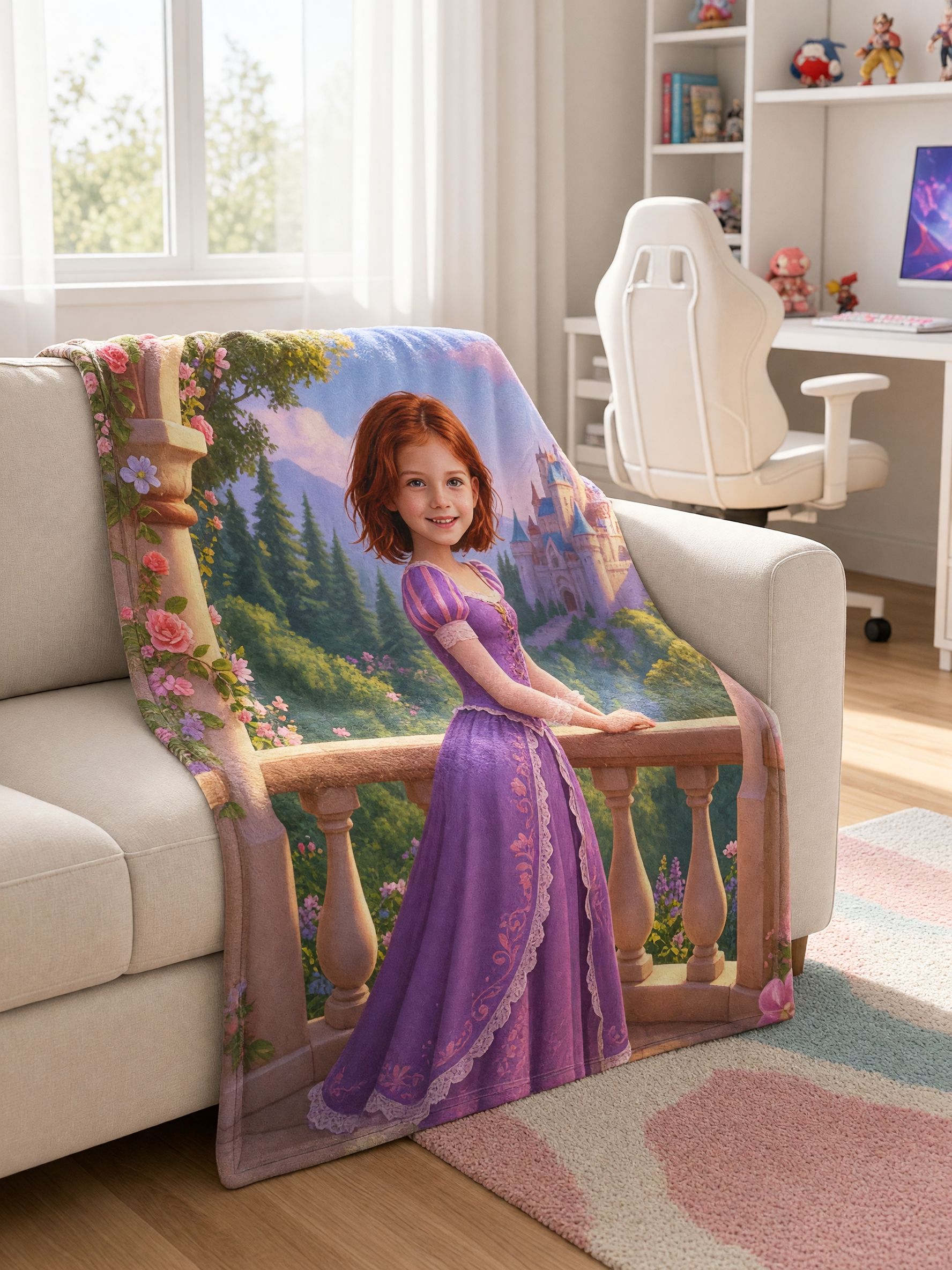 Custom Photo Face Blanket, Fairy Tale Princess Castle Flannel Throw, Ultra Soft Personalized Gift for Girls