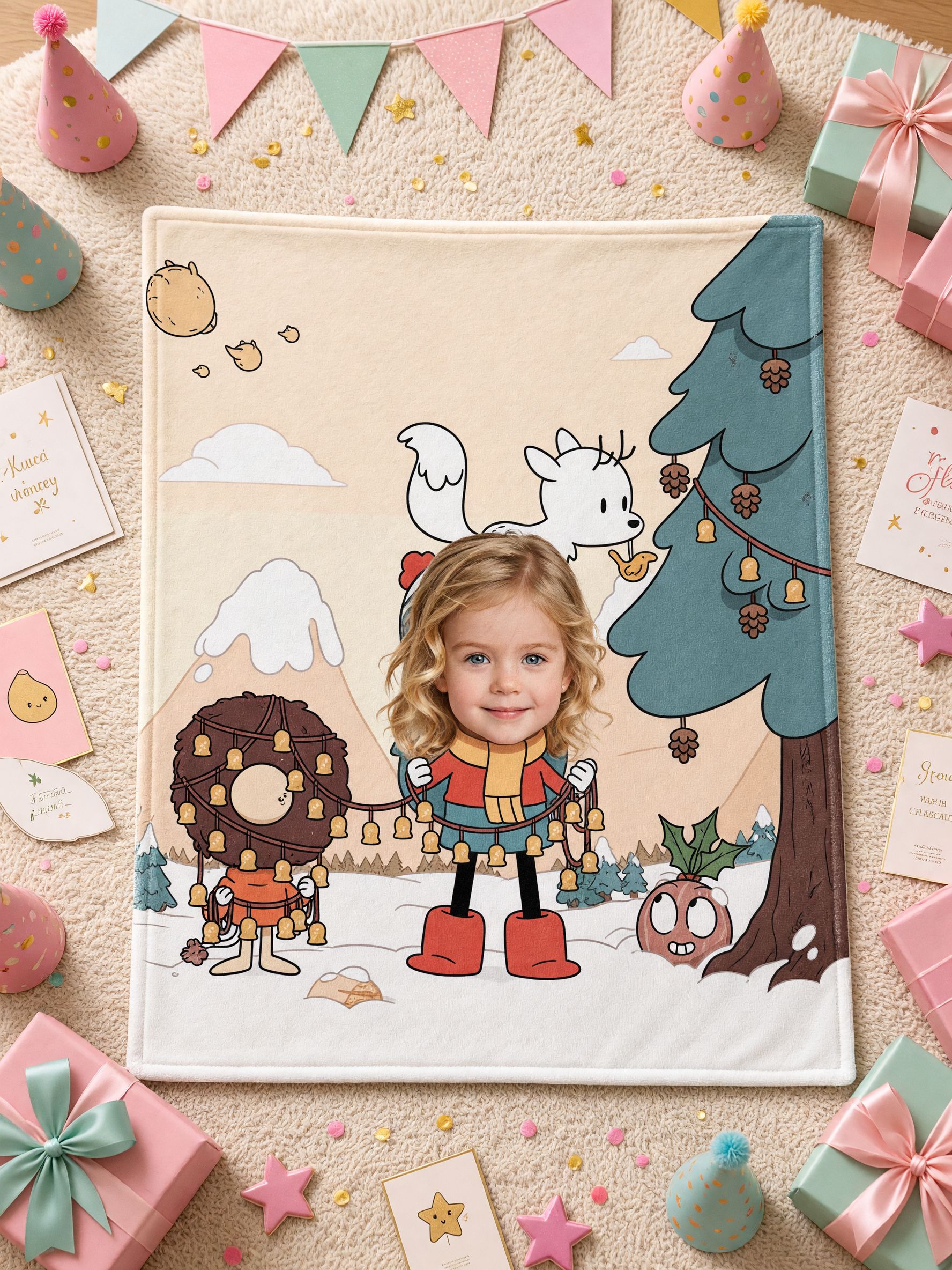 Custom Face Photo Blanket Soft Flannel Throw with Cartoon Winter Scene, Ideal Personalized Gift for Kids and Family