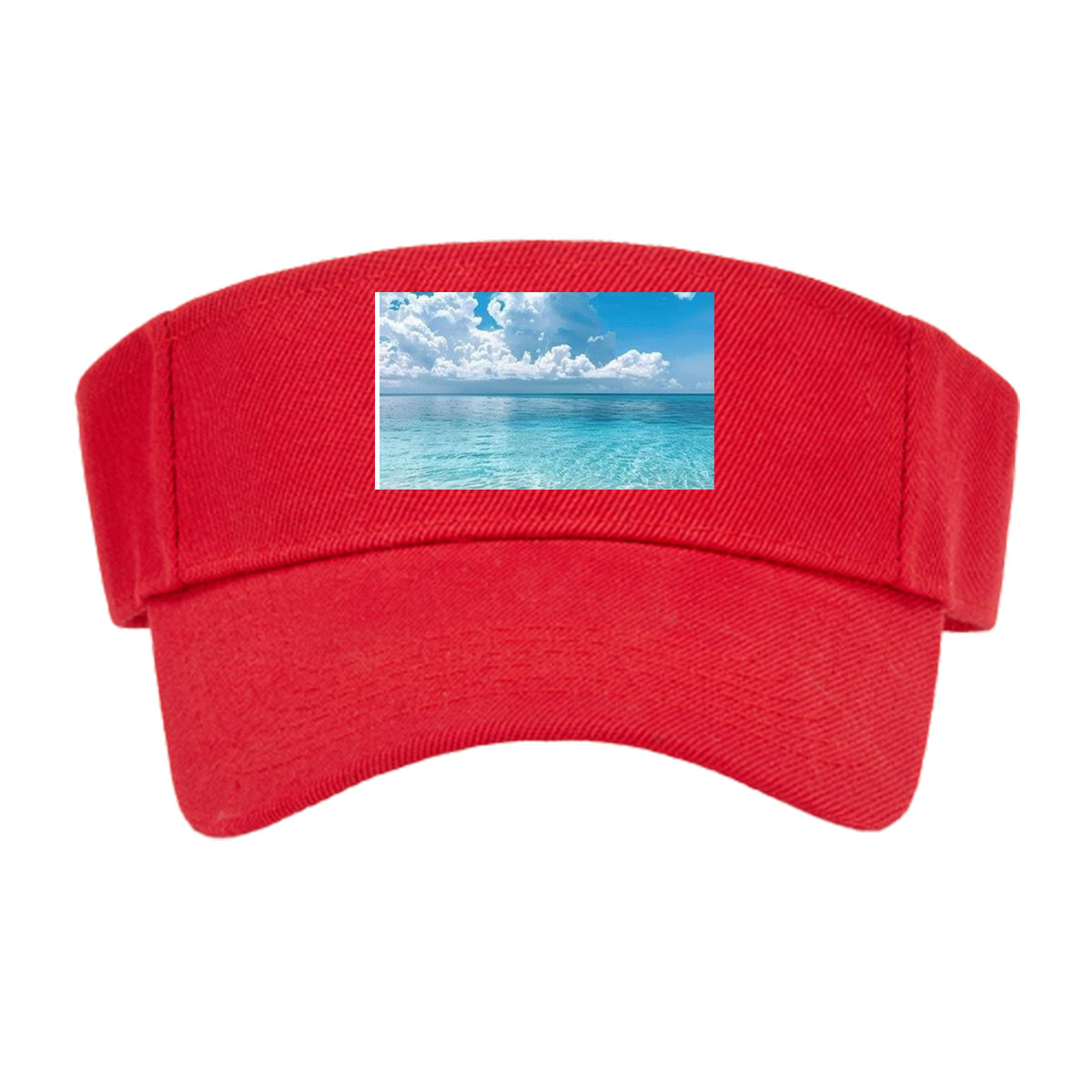 Crystal clear turquoise waters meet soft sandy beach under a vibrant blue sky with fluffy white clouds. -  Visor cap