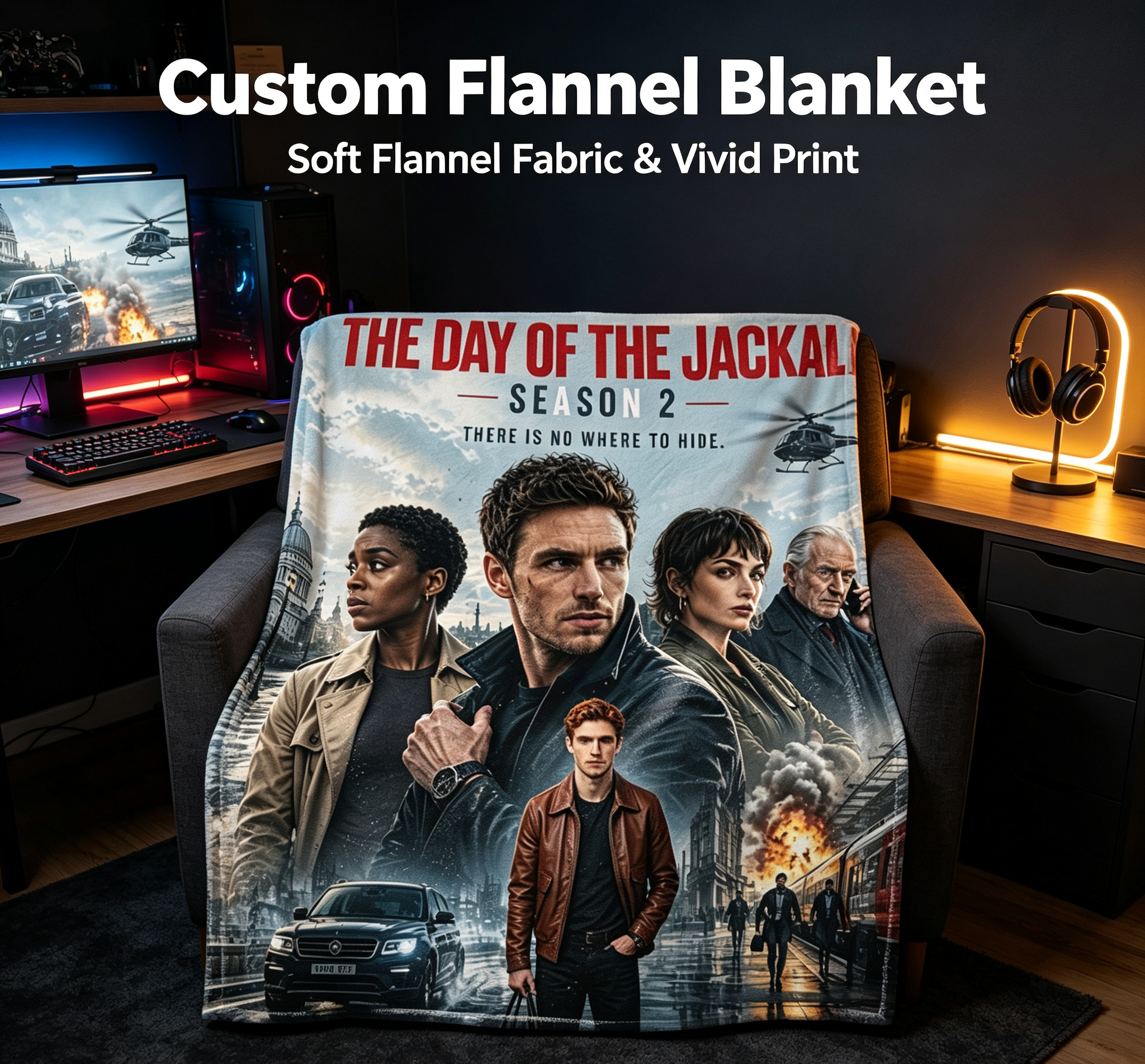 Custom Face Blanket The Day of the Jackal Season 2 Flannel Blanket Perfect for Fans of Eddie Redmayne and Lashana Lynch Ideal for Couch Watching or as a Unique Gift or Giveaway