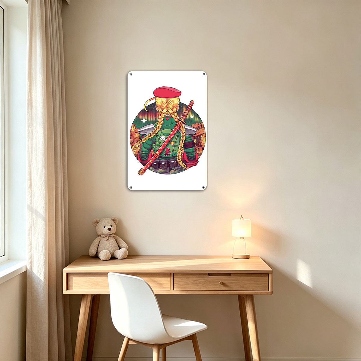 Blonde Warrior with Red Beret and Katana, Futuristic Urban Background - painting