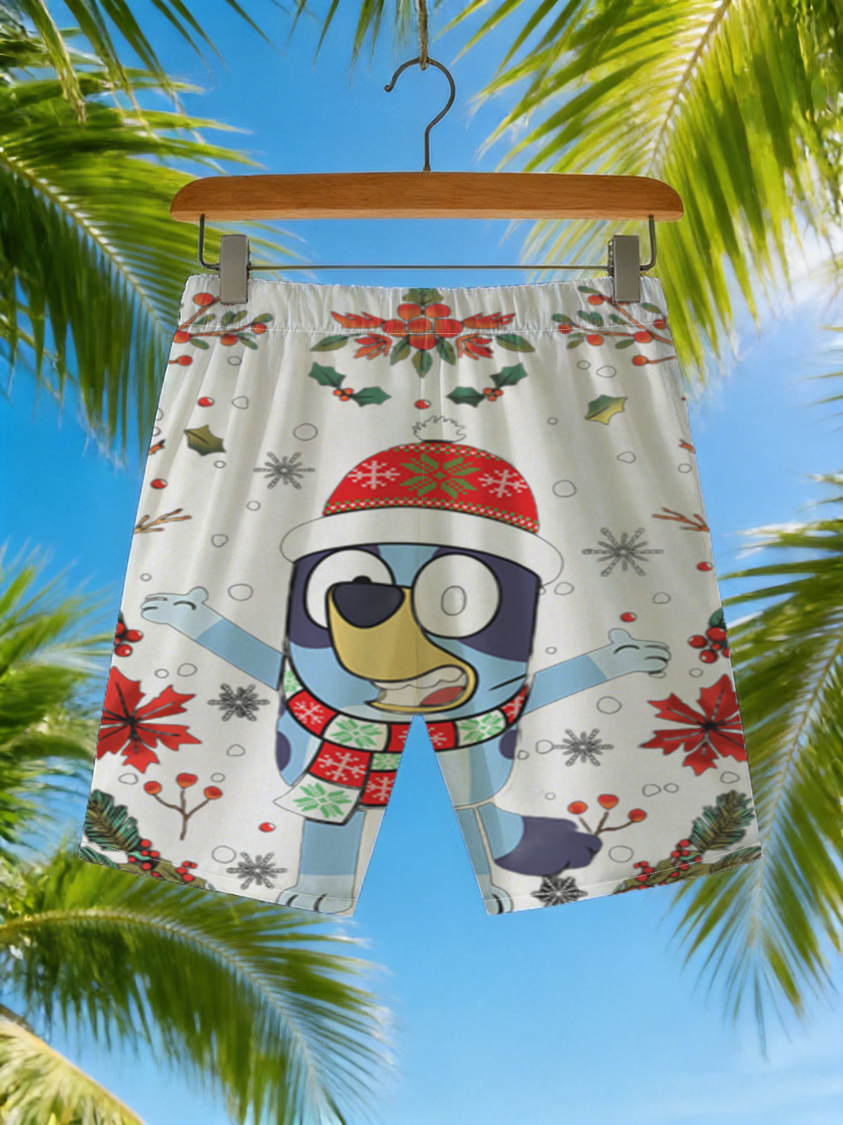 Bluey in Christmas Hat and Scarf, Festive Holiday Scene -  Beach shorts