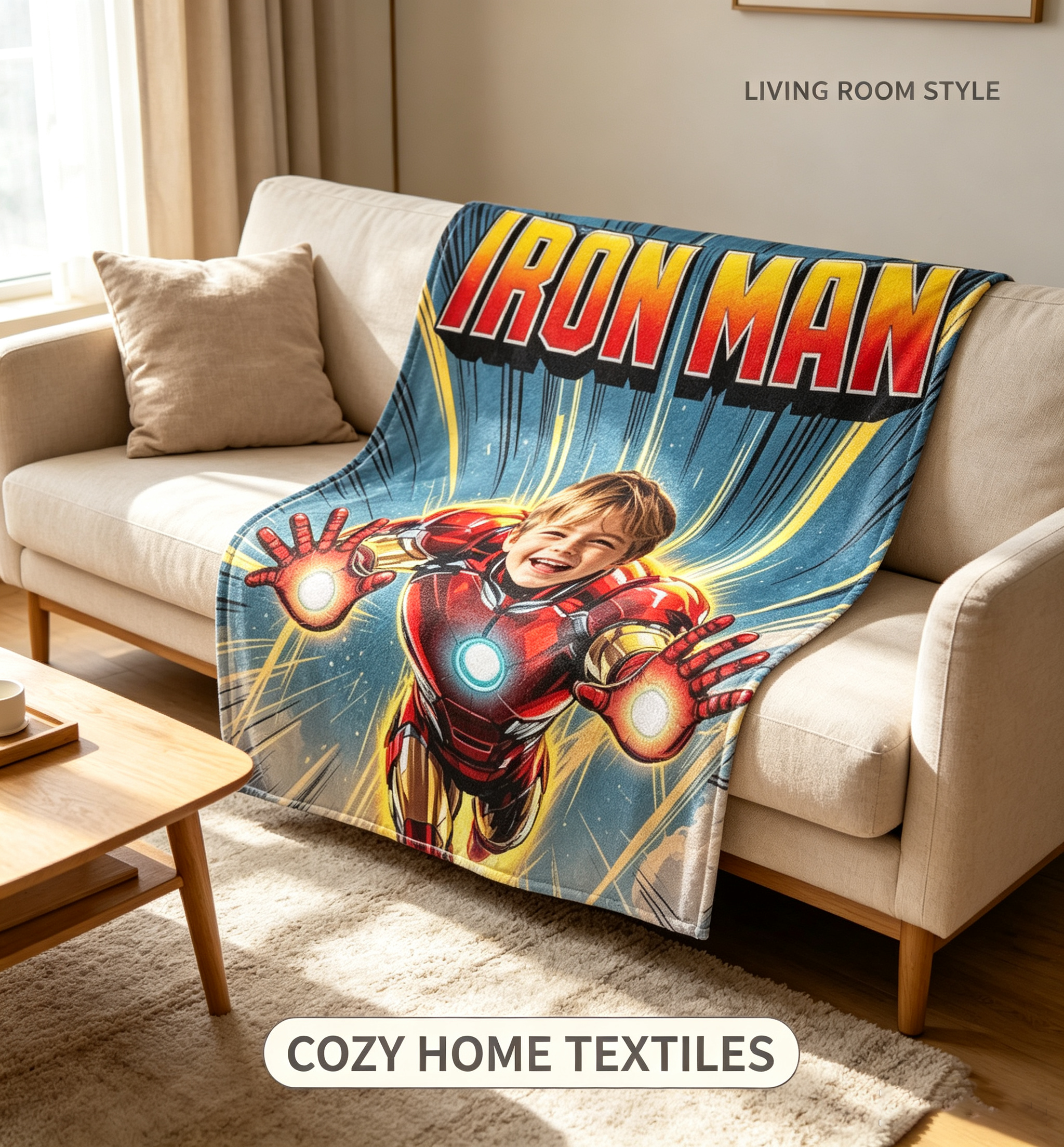 Personalized Iron Man Photo Blanket Custom Upload Face Flannel Throw Blanket Gift for Superhero Fan Boys