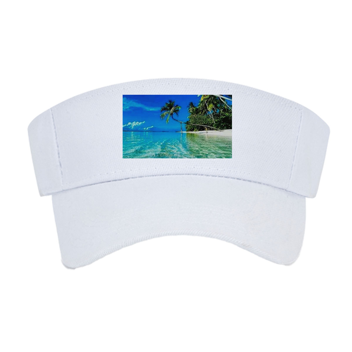 Crystal clear waters and swaying palms on a tropical paradise island under a vibrant blue sky. -  Visor cap