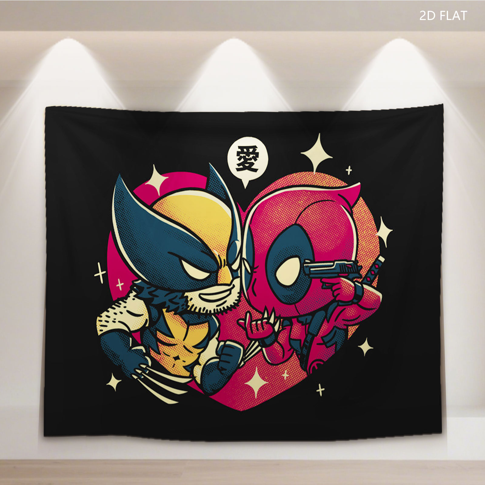 Wolverine and Deadpool in a Heart-Shaped Embrace with Love Symbol - Tapestry