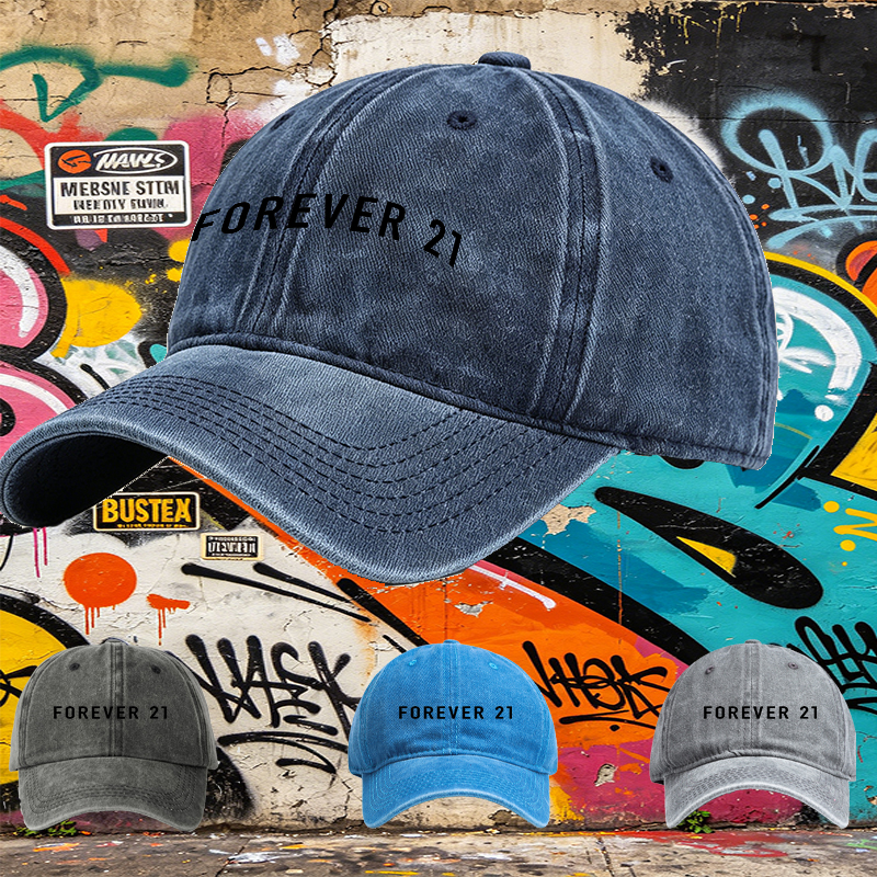 Unisex Classic Washed Cap with Forever 21 Logo Print - Casual Streetwear Hat for Everyday Wear, Perfect for Urban Style Lovers and Fashion Enthusiasts