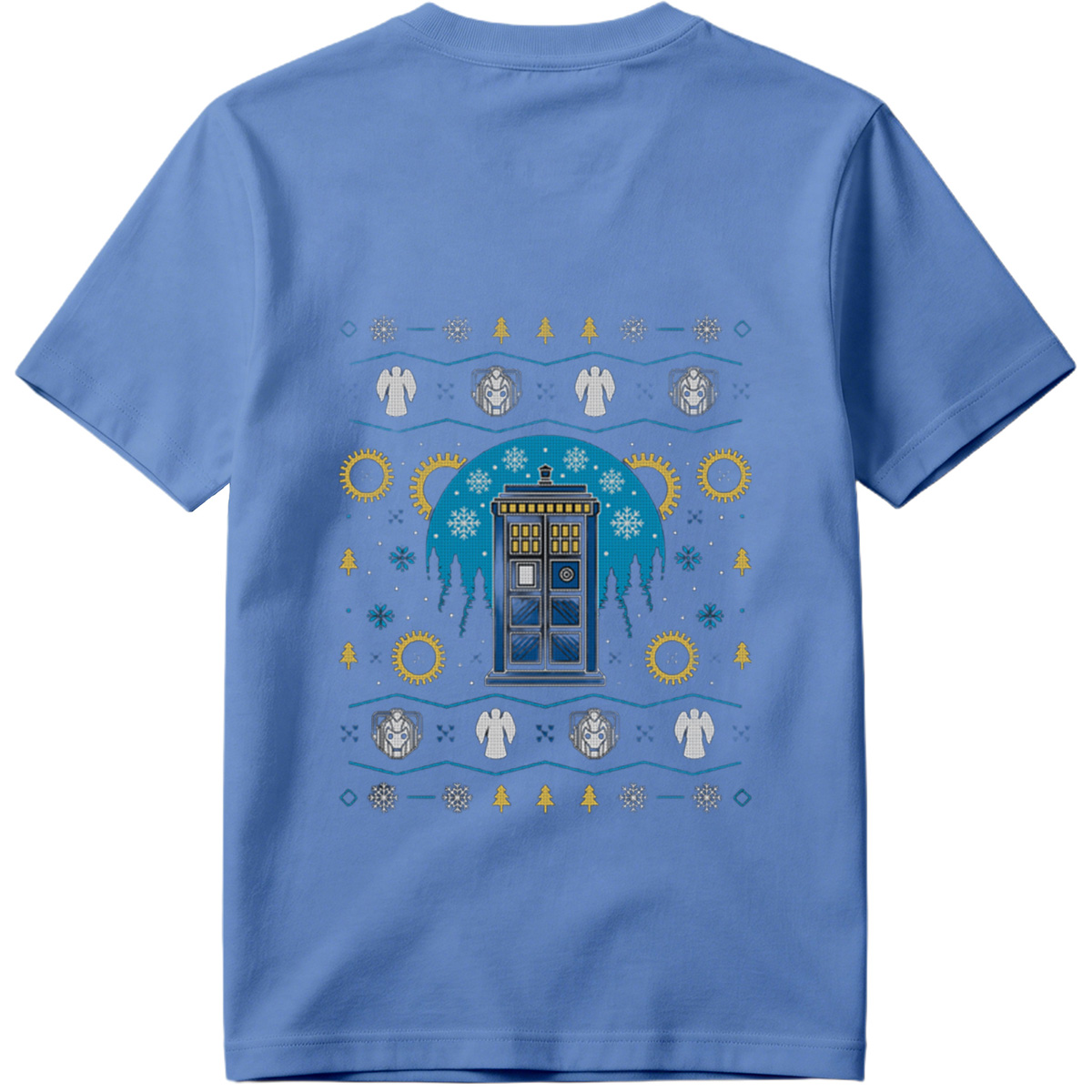 Doctor Who Christmas Sweater Design Featuring TARDIS, Weeping Angels, and Cybermen - Tee