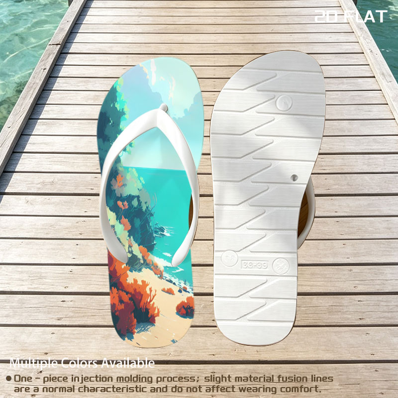 Colorful coastal landscape with vibrant flora and a distant ship on turquoise waters. -  flip-flops