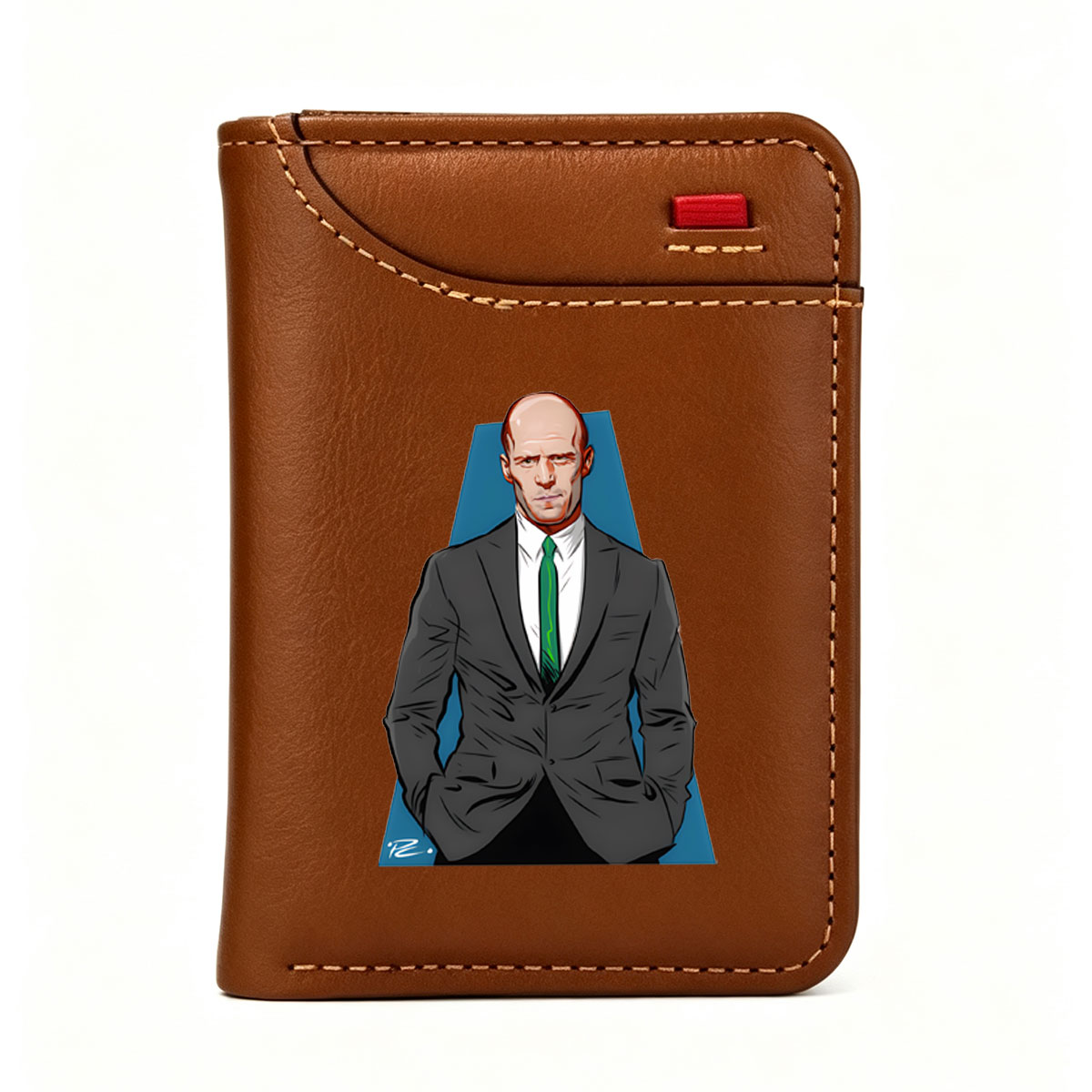 Lex Luthor in a sharp suit and green tie, standing confidently against a blue backdrop. - Vertical Style Wallet