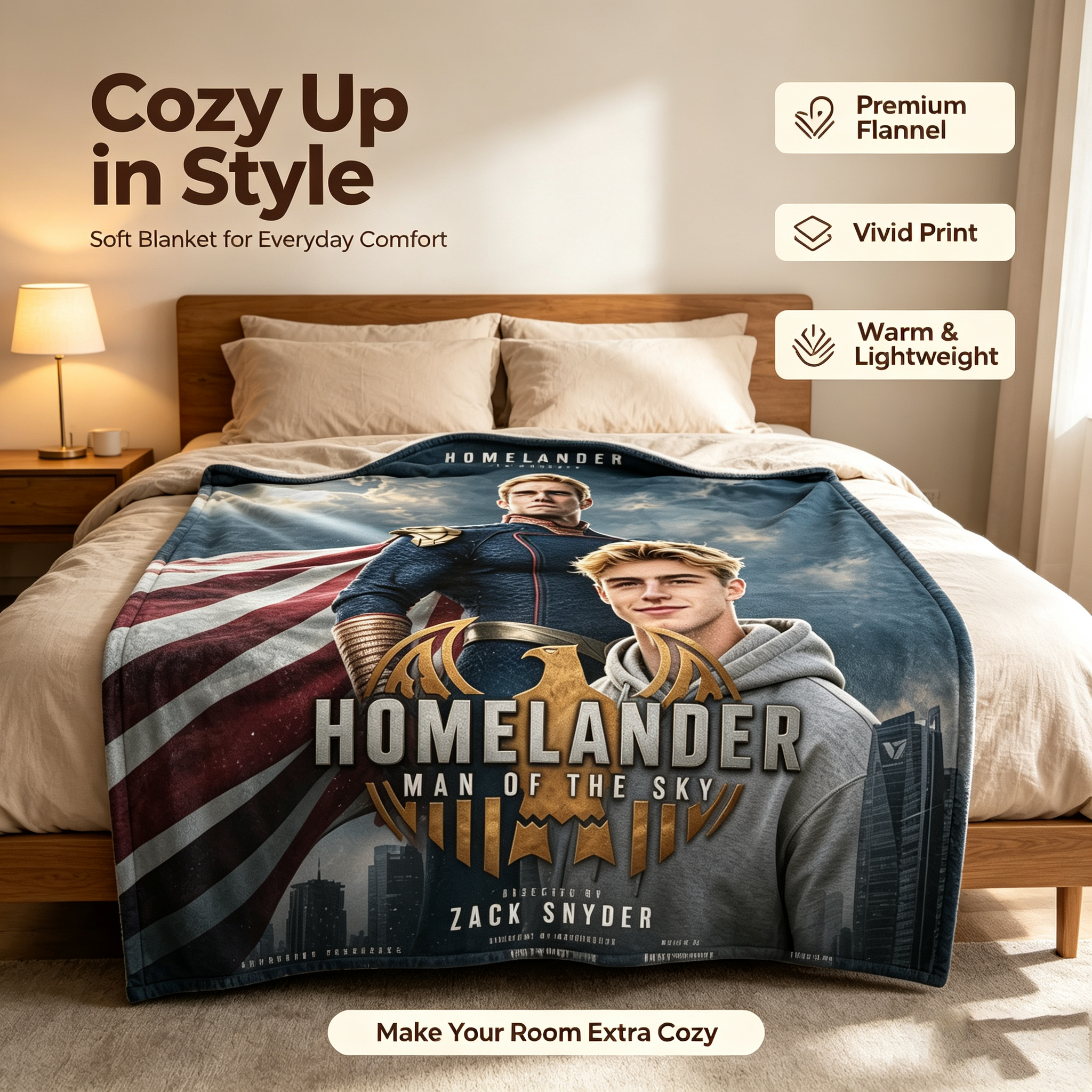 Custom Face Blanket Homelander Man of the Sky Flannel Blanket Superhero Fan Gift for Teens and Adults Perfect for Couch, Bed, or Movie Night Giveaway