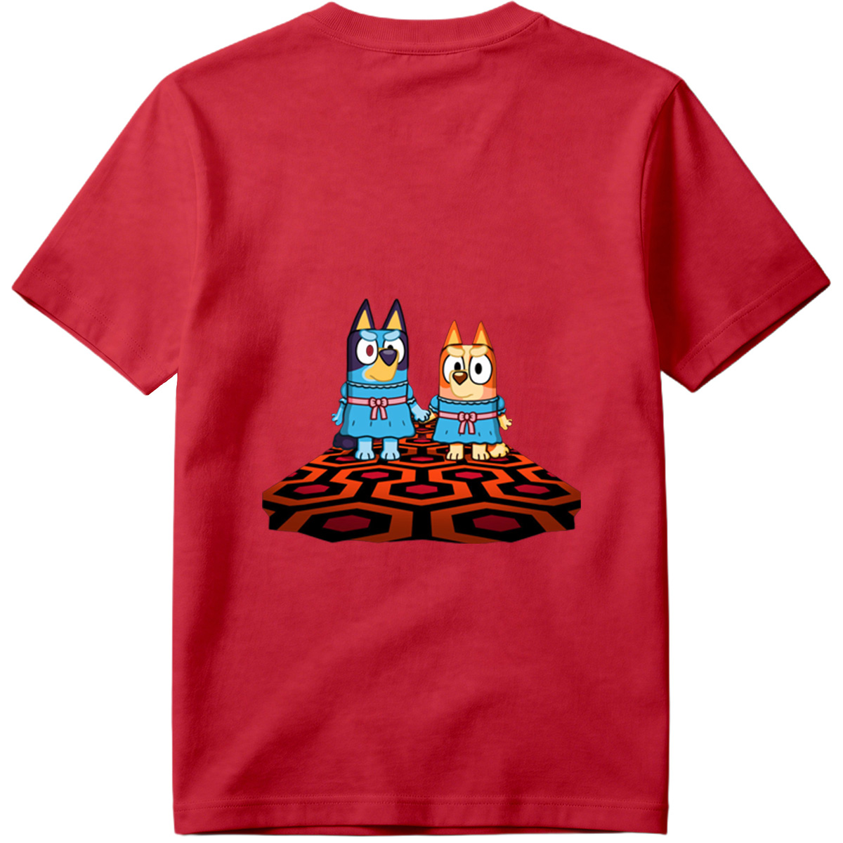 Bluey and Bingo in Matching Dresses on a Patterned Rug - Tee