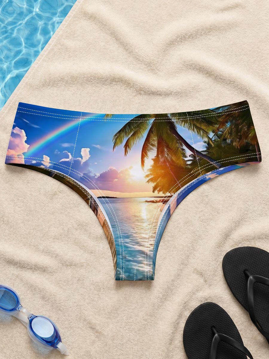 Tropical Beach with Rainbow and Palm Trees at Sunset -  Men's swim trunks