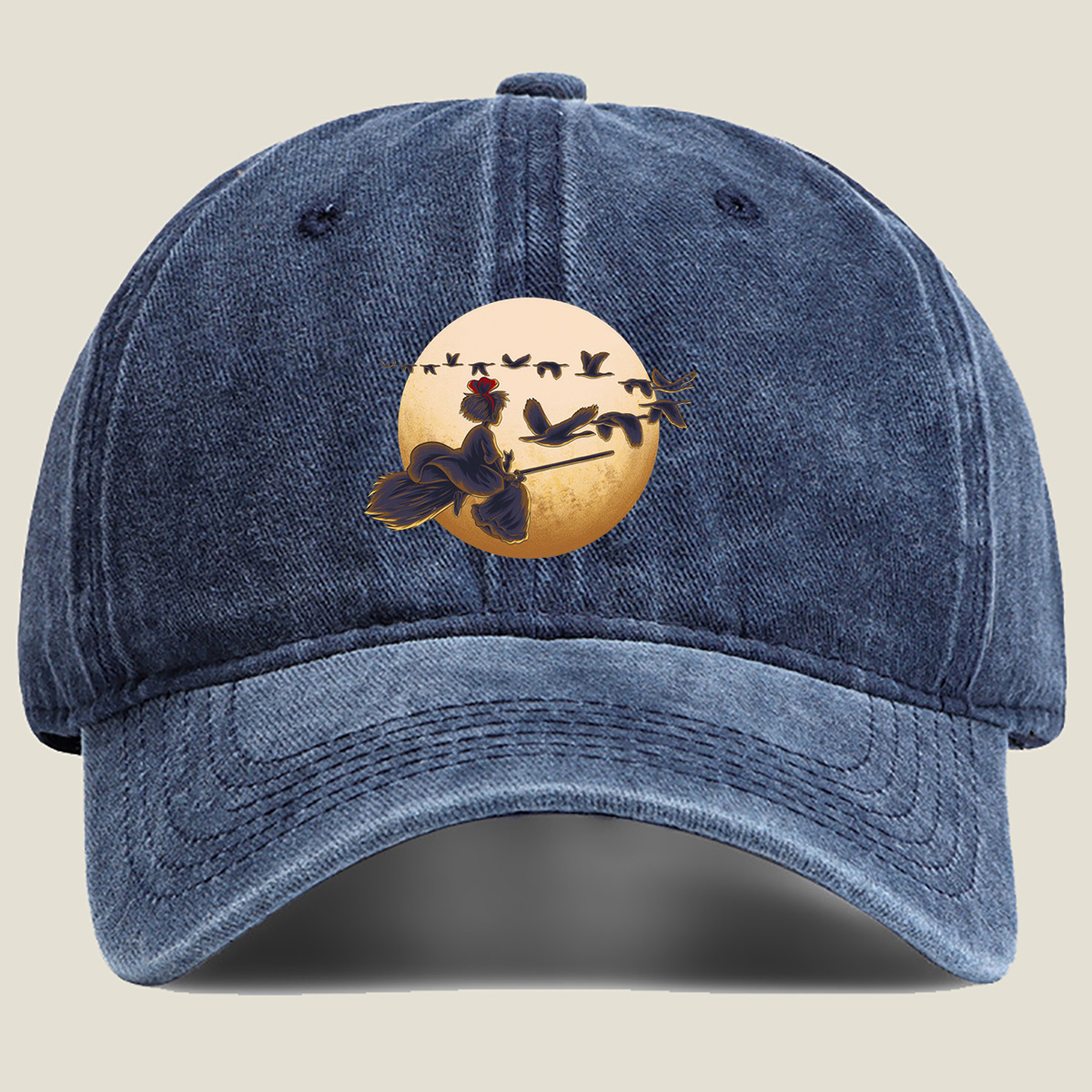 Mulan Flying on a Broomstick with Geese Against the Moon - Washed Denim - Baseball Cap