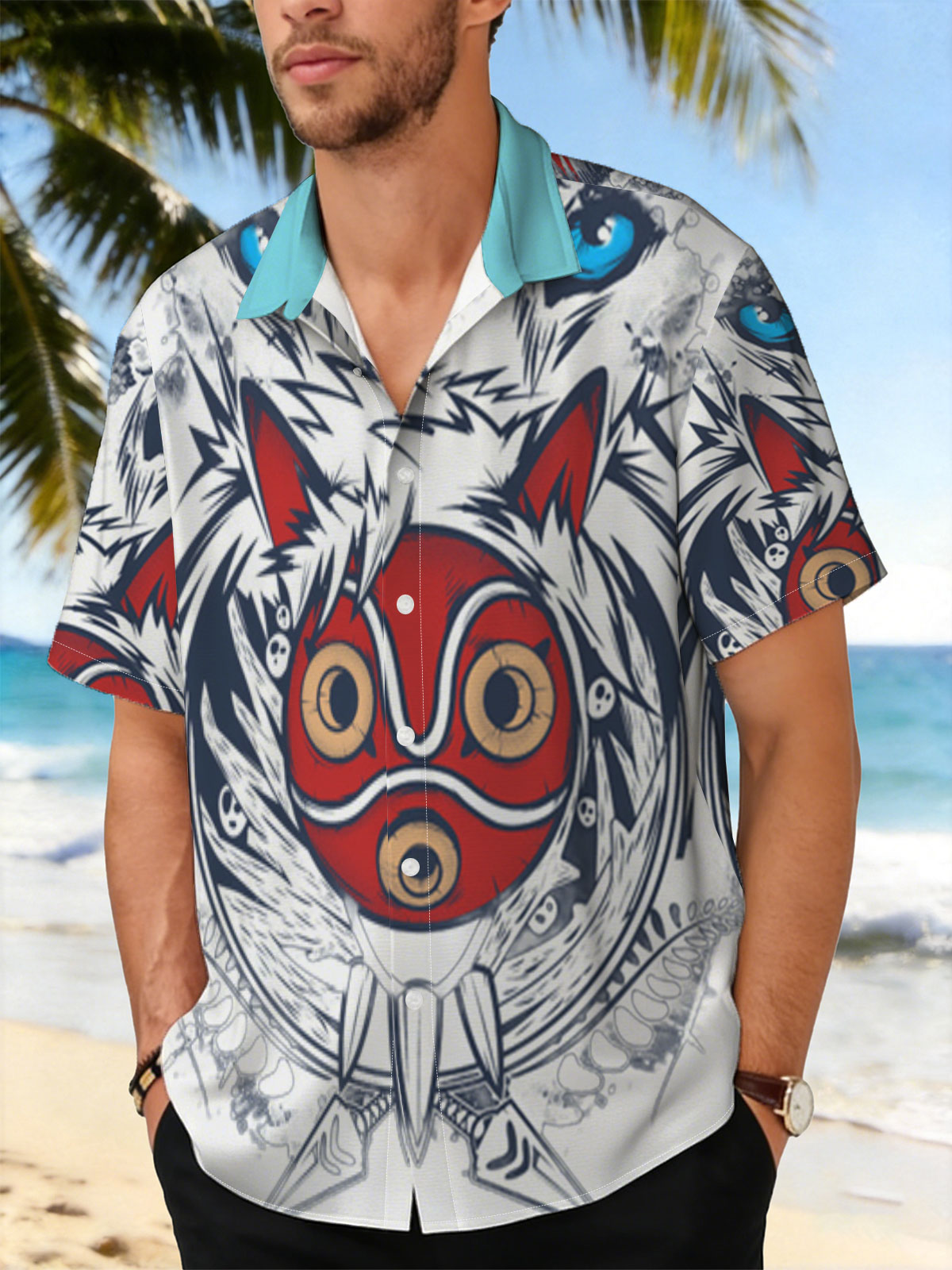 Red Masked Fox with Blue-Eyed Beast and Tribal Design -  Shirt