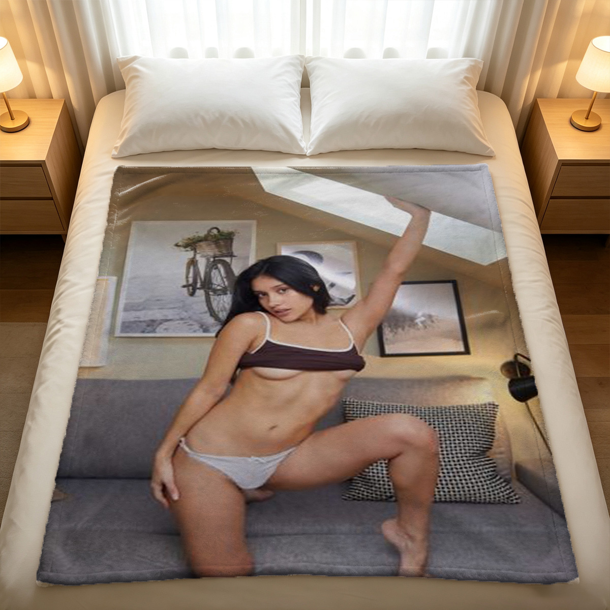 Elegant Asian beauty in ornate gold and pink lingerie sitting on the floor. - Blanket