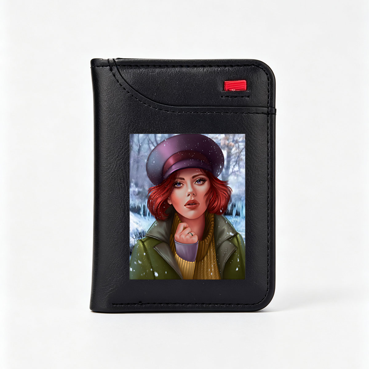 Red-Haired Woman in Winter Hat and Coat, Snowy Forest Background - Vertical Style Wallet