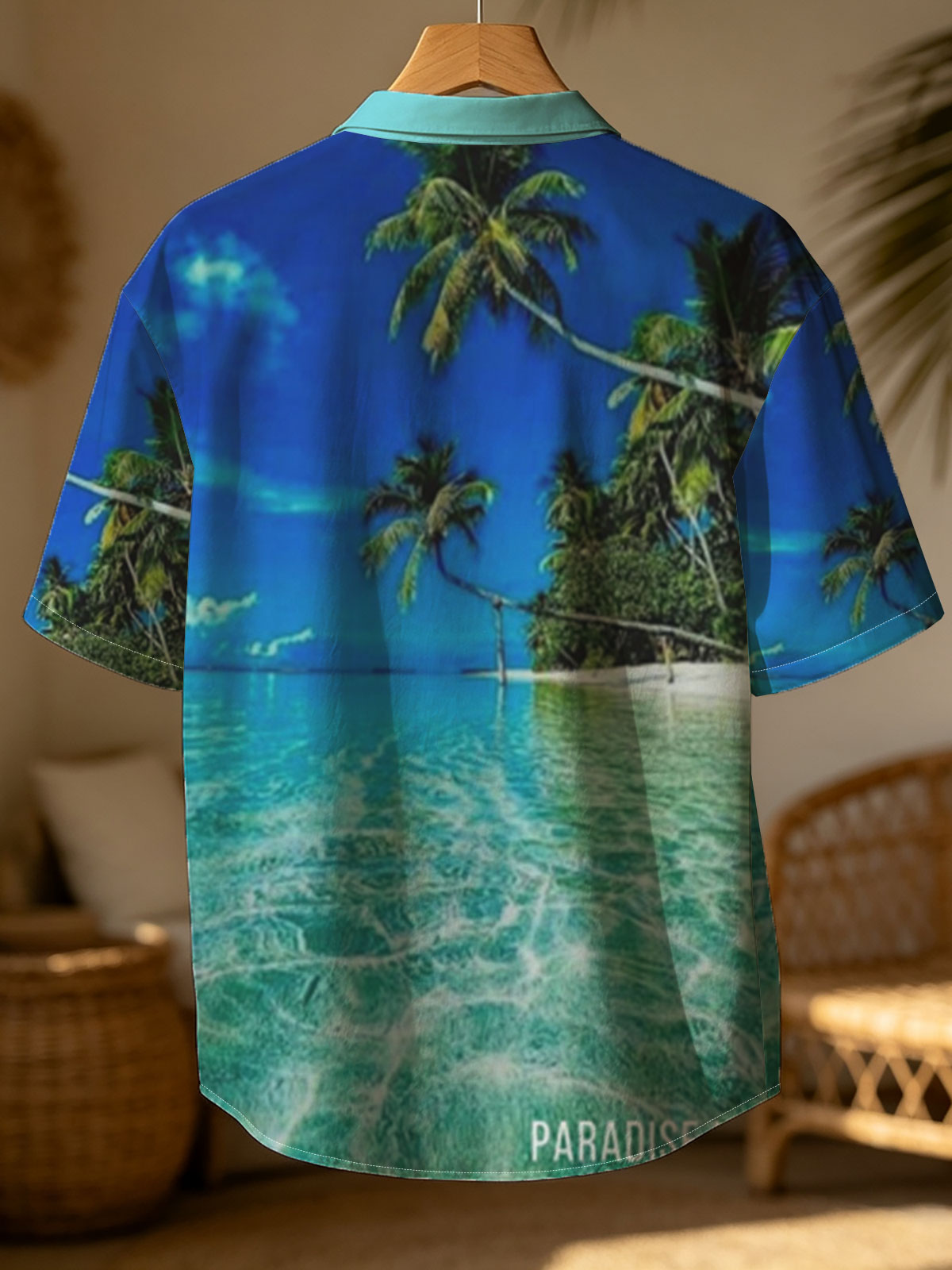 Crystal clear waters and swaying palms on a tropical paradise island under a vibrant blue sky. -  Shirt