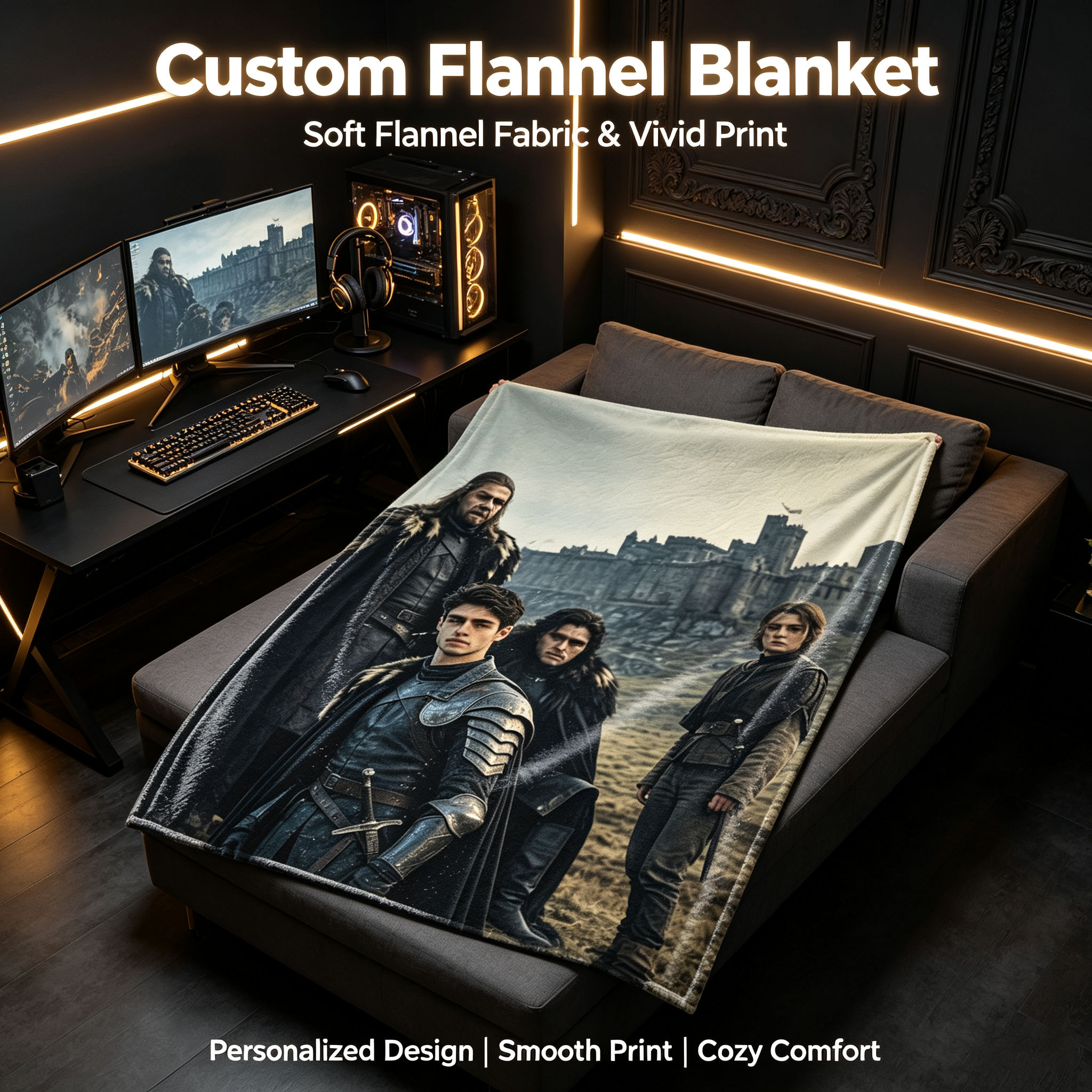 Custom Face Blanket Game of Thrones Inspired Flannel Blanket for Couch, Bed, or Travel – Perfect Gift for Fans and Cosplay Enthusiasts