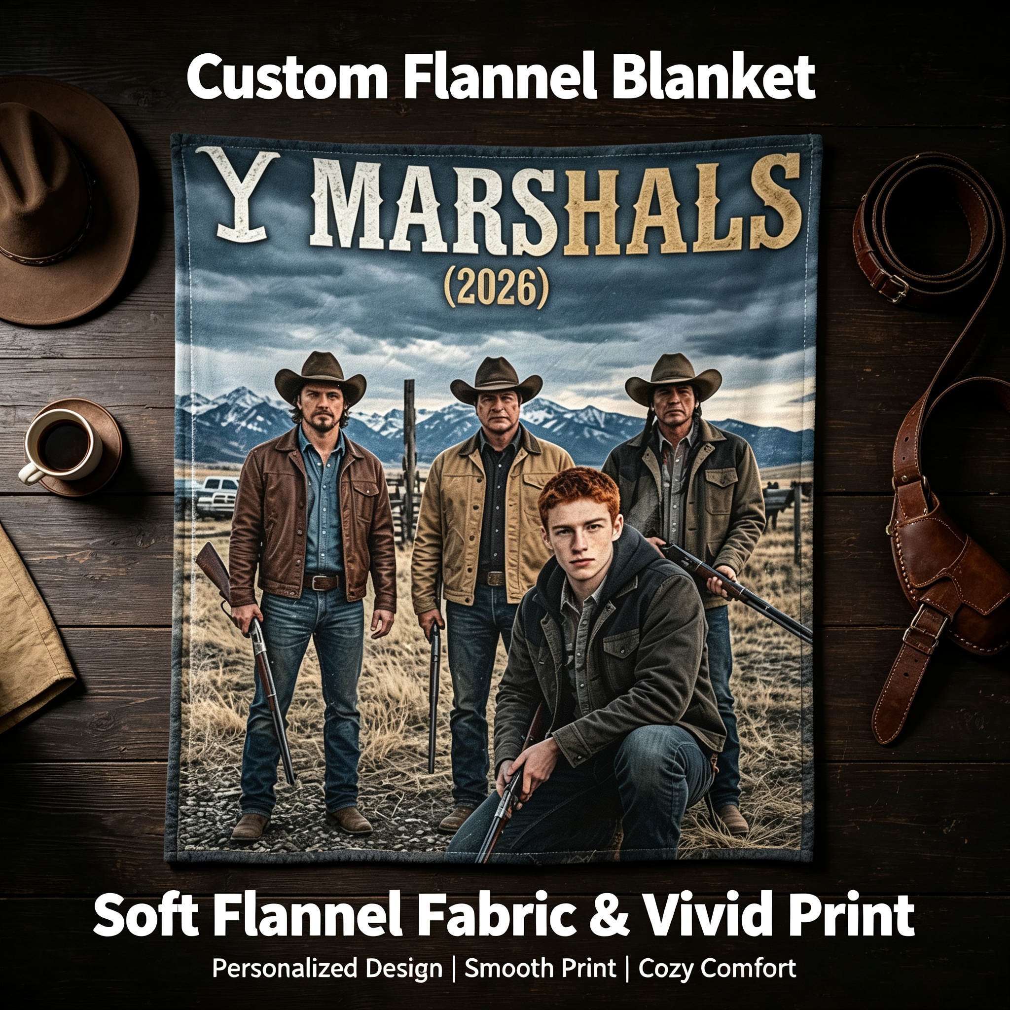 Custom Face Blanket Yellowstone Marshals Movie Inspired Flannel Blanket Cozy Western Theme Perfect for Home Decor or Gift Giving
