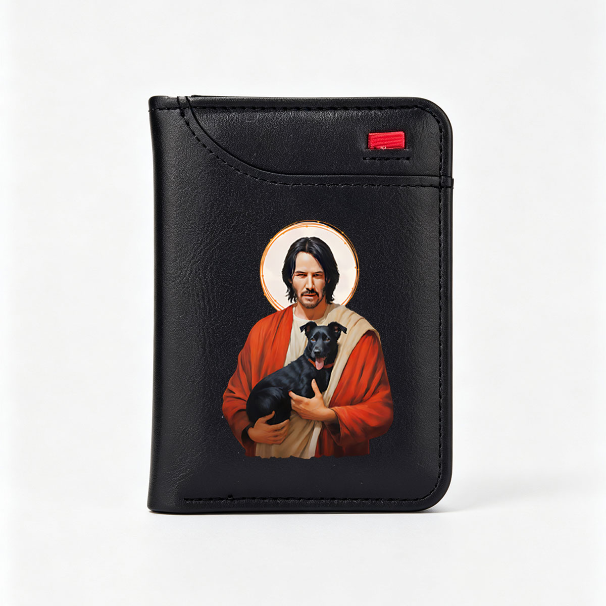 Keanu Reeves as Jesus Holding a Black Dog - Vertical Style Wallet