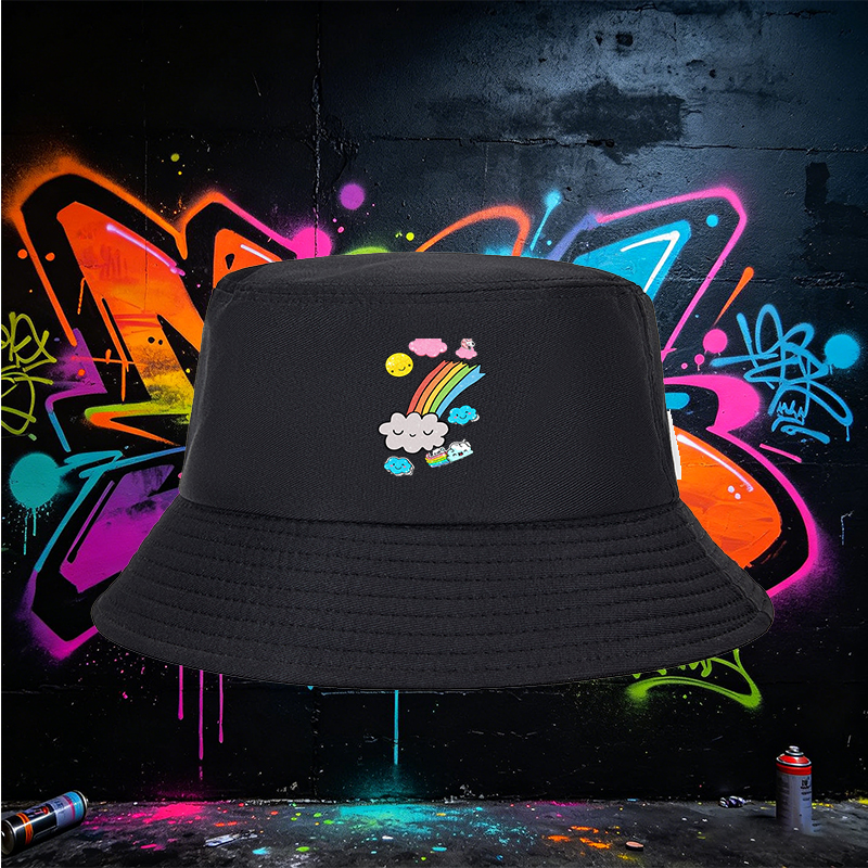 Unisex Bucket Hat with Rainbow Clouds and Sparkle Design - Classic Cotton Sun Hat for Outdoor Activities, Perfect for Teenagers and Young Adults Seeking Fun and Fashionable Headwear
