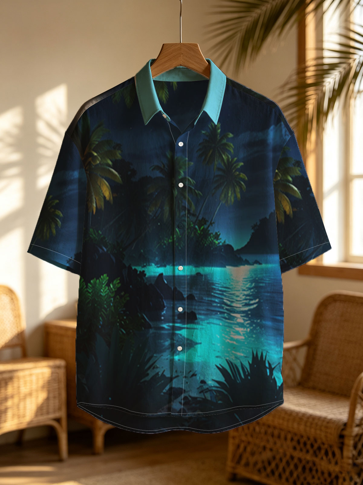 Moonlit Tropical Beach with Palm Trees and Glowing Water -  Shirt