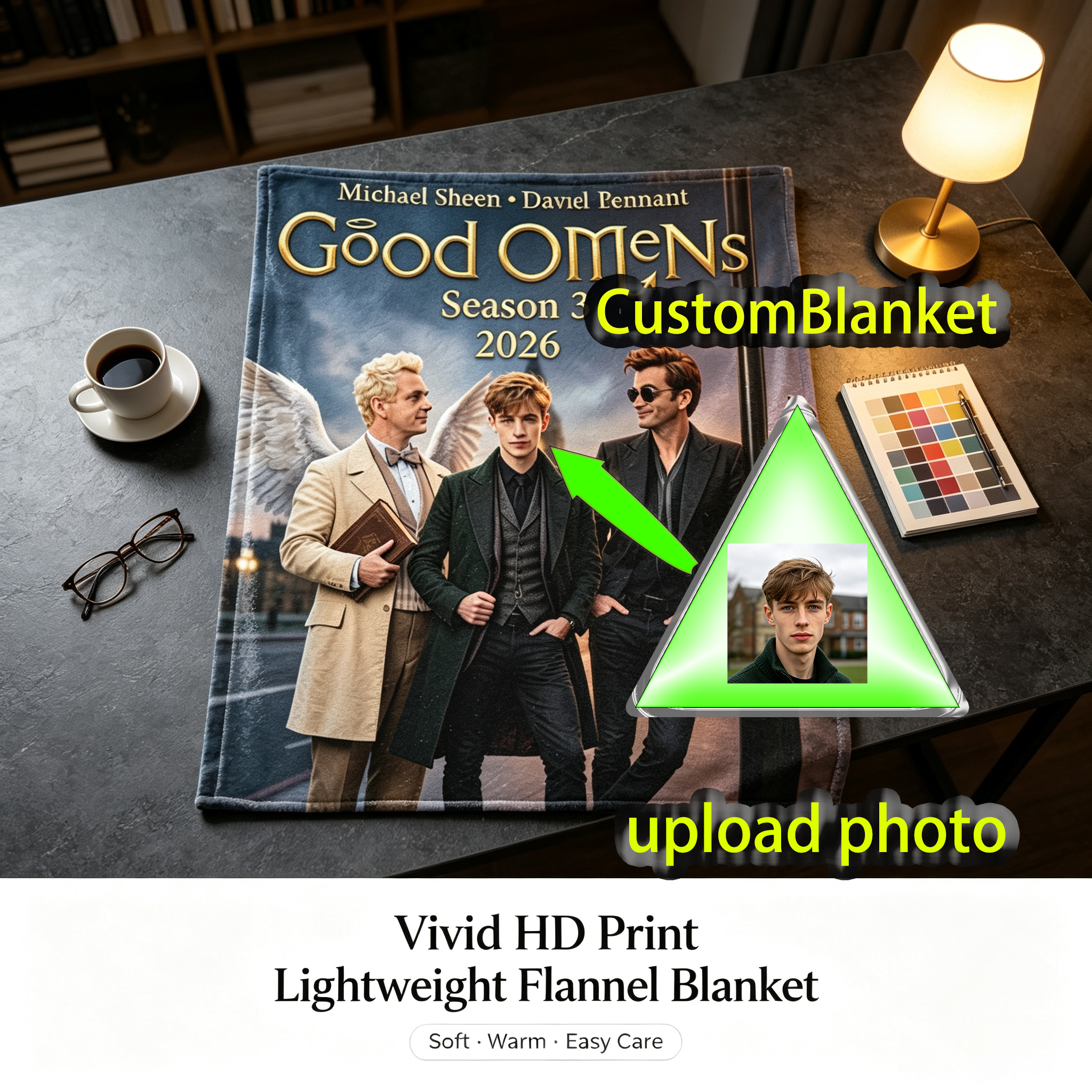 Custom Face Blanket Good Omens Season 3 Flannel Blanket for Fans of Michael Sheen and David Tennant Perfect Gift or Giveaway for TV Show Enthusiasts