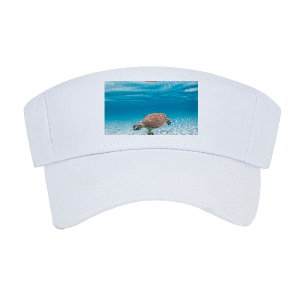 Sea turtle swims gracefully in clear blue water with fish below, sunlight filtering through the surface. -  Visor cap