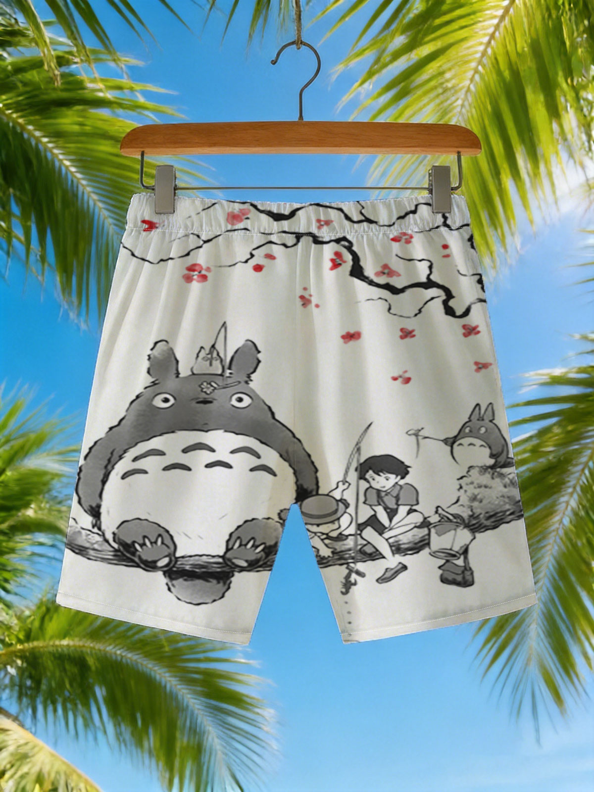 Totoro, Mei, and Satsuki Fishing Under Cherry Blossoms -  Beach shorts