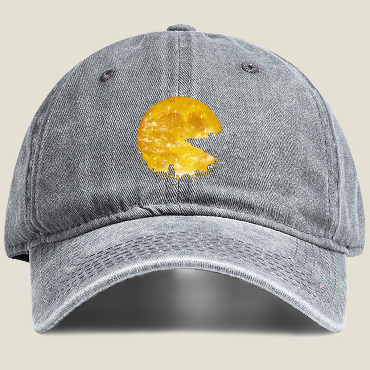 Pac-Man Cityscape Under the Moon - Washed Denim - Baseball Cap