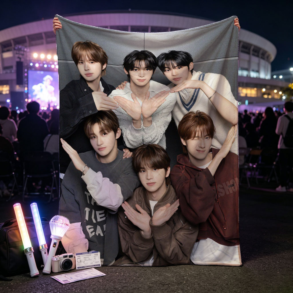 NCT Dream Group Photo - Six Members Posing Together with Hand Gestures in Casual Outfits - Blankets